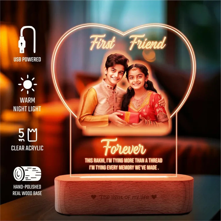 First Friend, Forever – Personalized Gift for Brother Sister | Custom LED Photo Frame for Rakhi