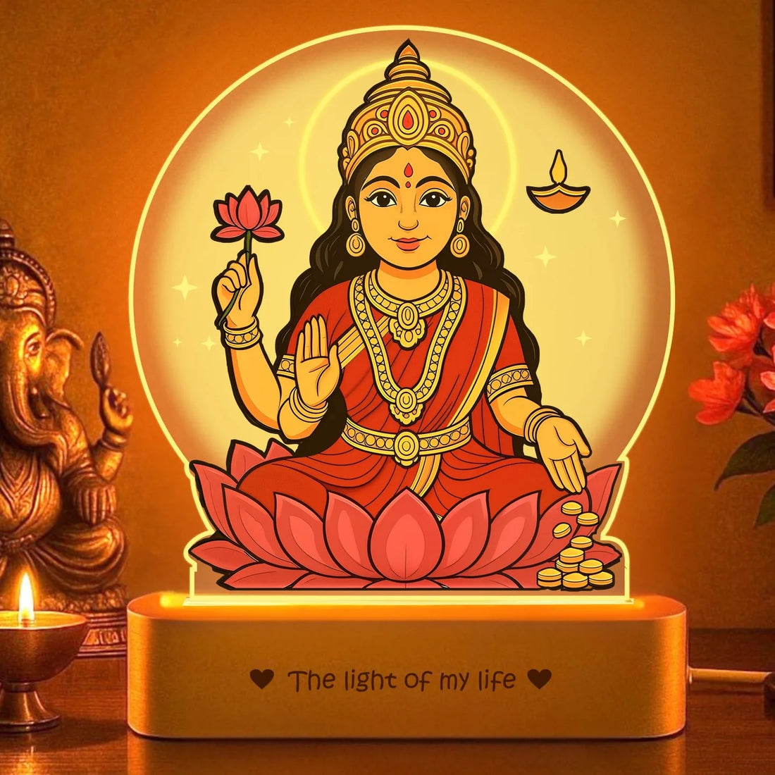 Lakshmi LED Lamp | Divine Acrylic Night Light with Wooden Base for Diwali & Prosperity Gifting