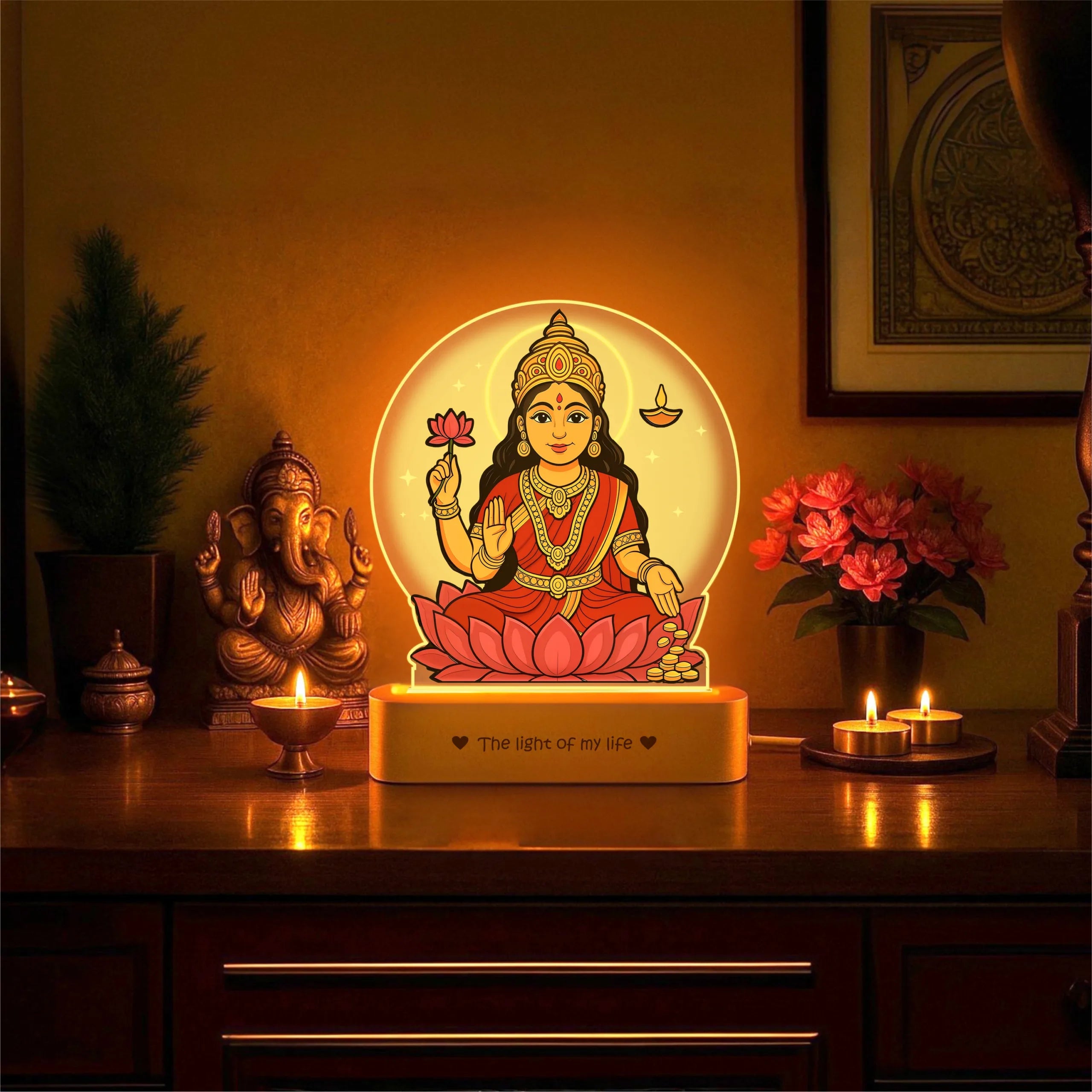 Lakshmi LED Lamp | Divine Acrylic Night Light with Wooden Base for Diwali & Prosperity Gifting