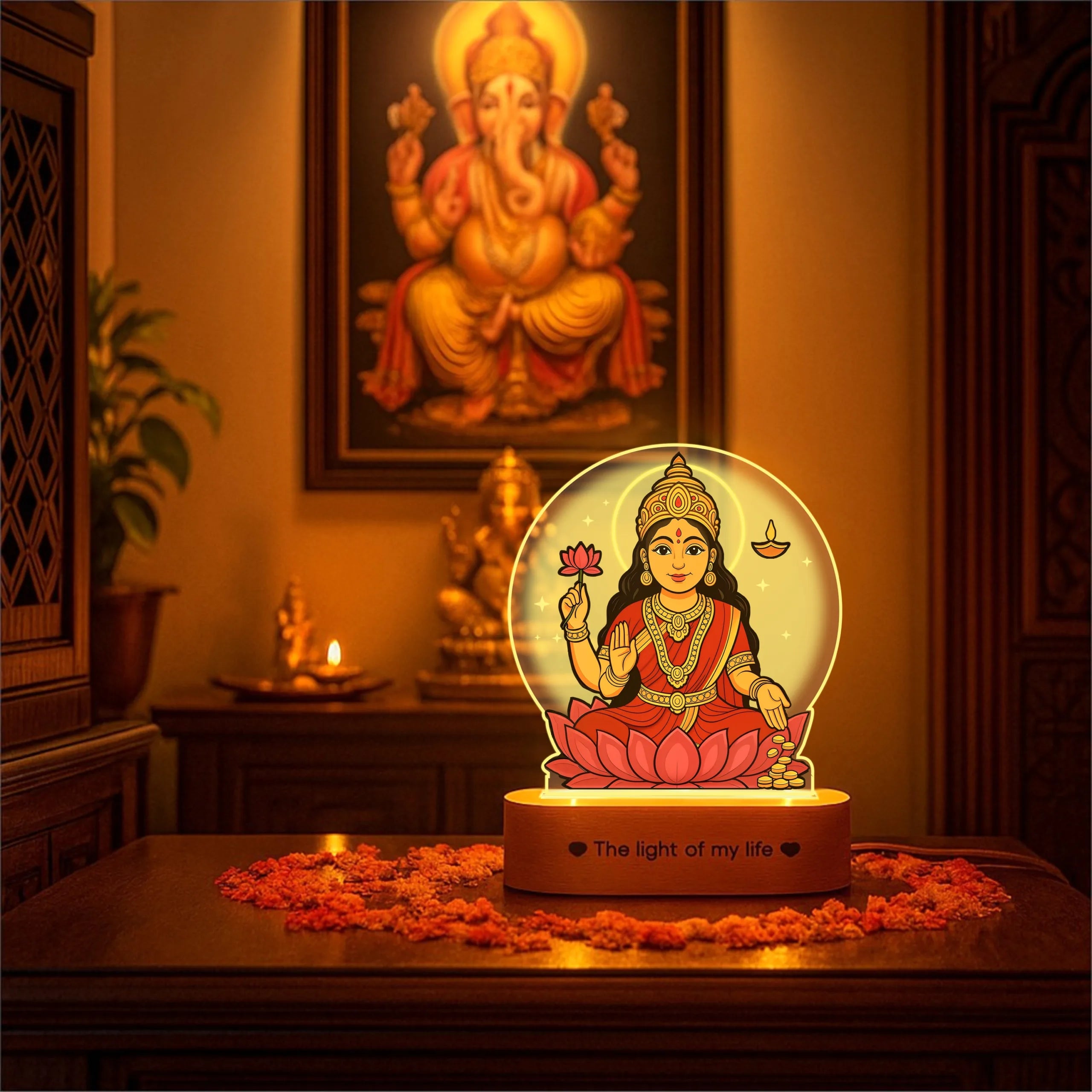 Lakshmi LED Lamp | Divine Acrylic Night Light with Wooden Base for Diwali & Prosperity Gifting
