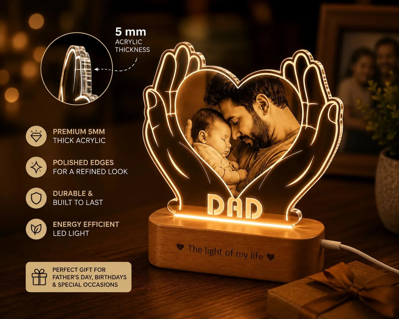 Heartfelt Gift for Dad – Personalized LED Lamp with Photo