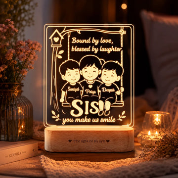 Our Sister – Personalized Rakhi Gift Lamp from Two Brothers | Custom Acrylic LED Lamp with Names | Wooden Base | 8x6x2 inch