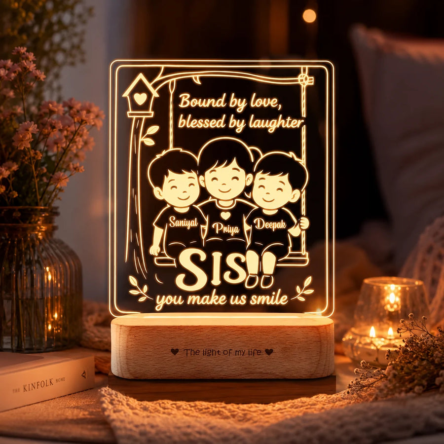 Our Sister – Personalized Rakhi Gift Lamp from Two Brothers | Custom Acrylic LED Lamp with Names | Wooden Base | 8x6x2 inch