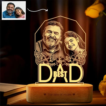 Best Father’s Day Gift – Custom Engraved Acrylic Lamp with Photo & "Best Dad" Quote | Warm Wooden Base