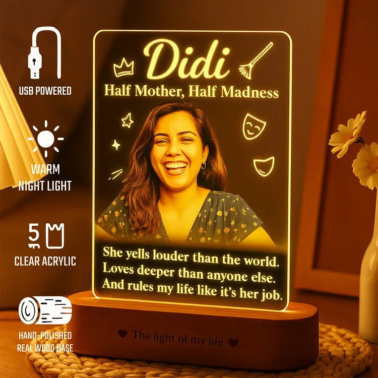 Half Mother, Half Madness - Fun Big Sister Gift | Personalized LED Photo Frame with Name & Picture