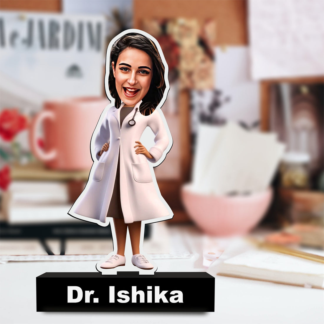 Doc's 3D Feel Tribute: Personalized Acrylic Caricature for Female Doctors