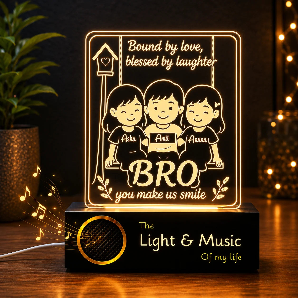 Our Brother – Personalized Rakhi Lamp for One Brother and Two Sisters | Custom Acrylic LED Gift with Names | Wooden Base | 8x6x2 inch