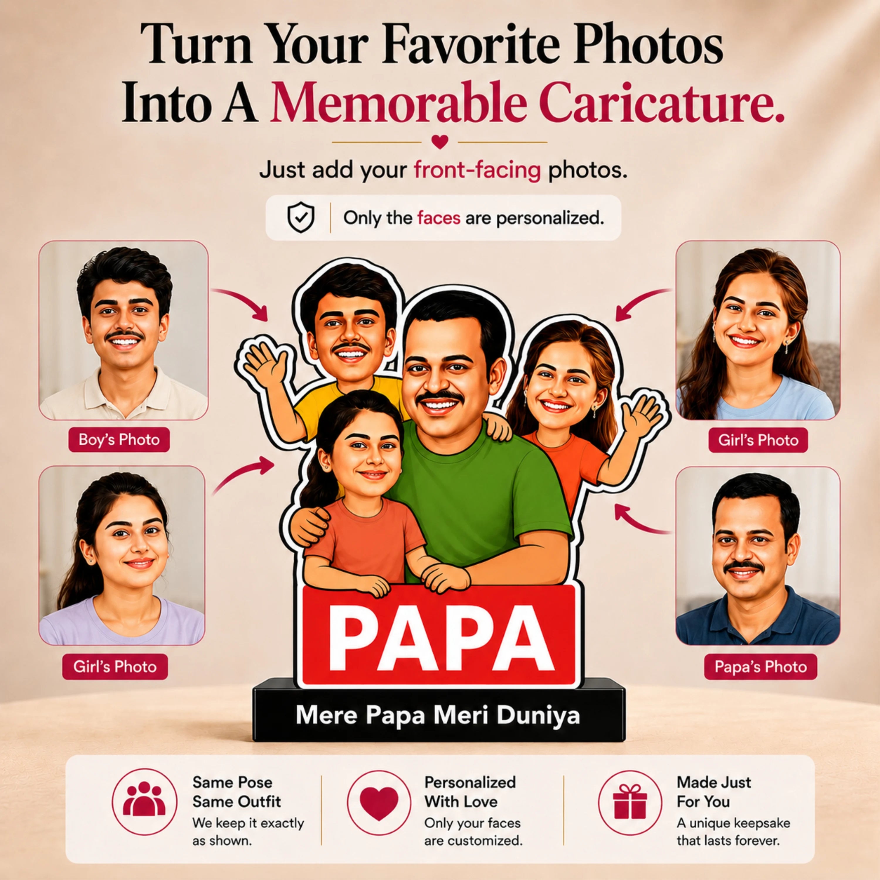 Mere Papa Meri Duniya – Personalized Father’s Day Caricature Gift with Kids