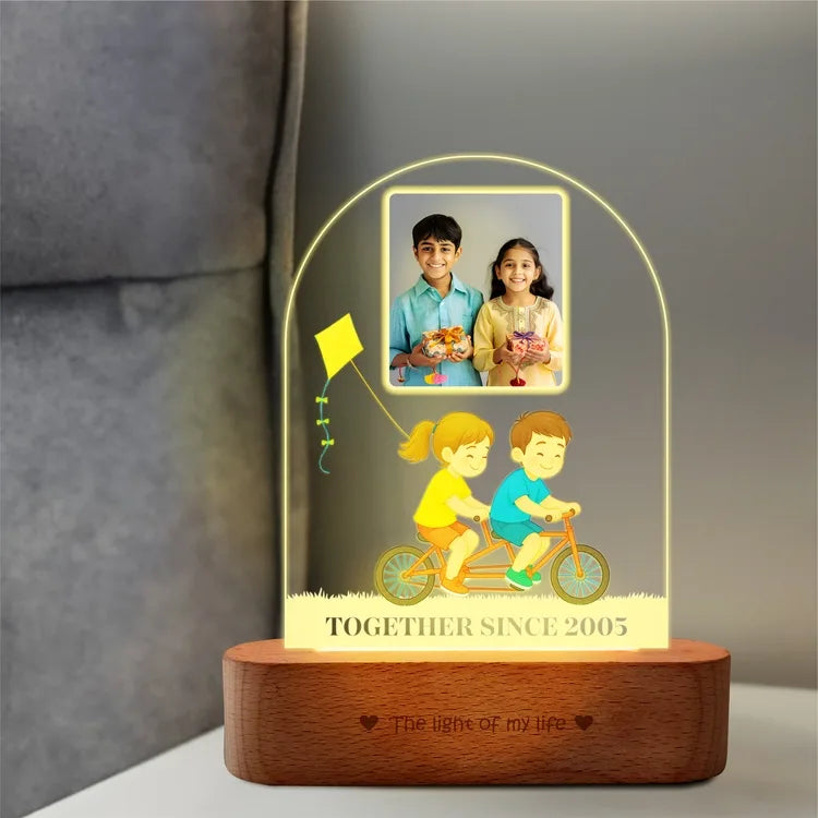 Together Ride – Siblings Gift with Photo India | Personalized Cycling-Themed Acrylic Lamp (9x6"")