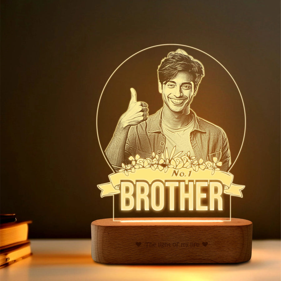 No.1 Brother – Photo Gift for Brother India | Custom Engraved Acrylic Lamp with Wooden Base (9x6")
