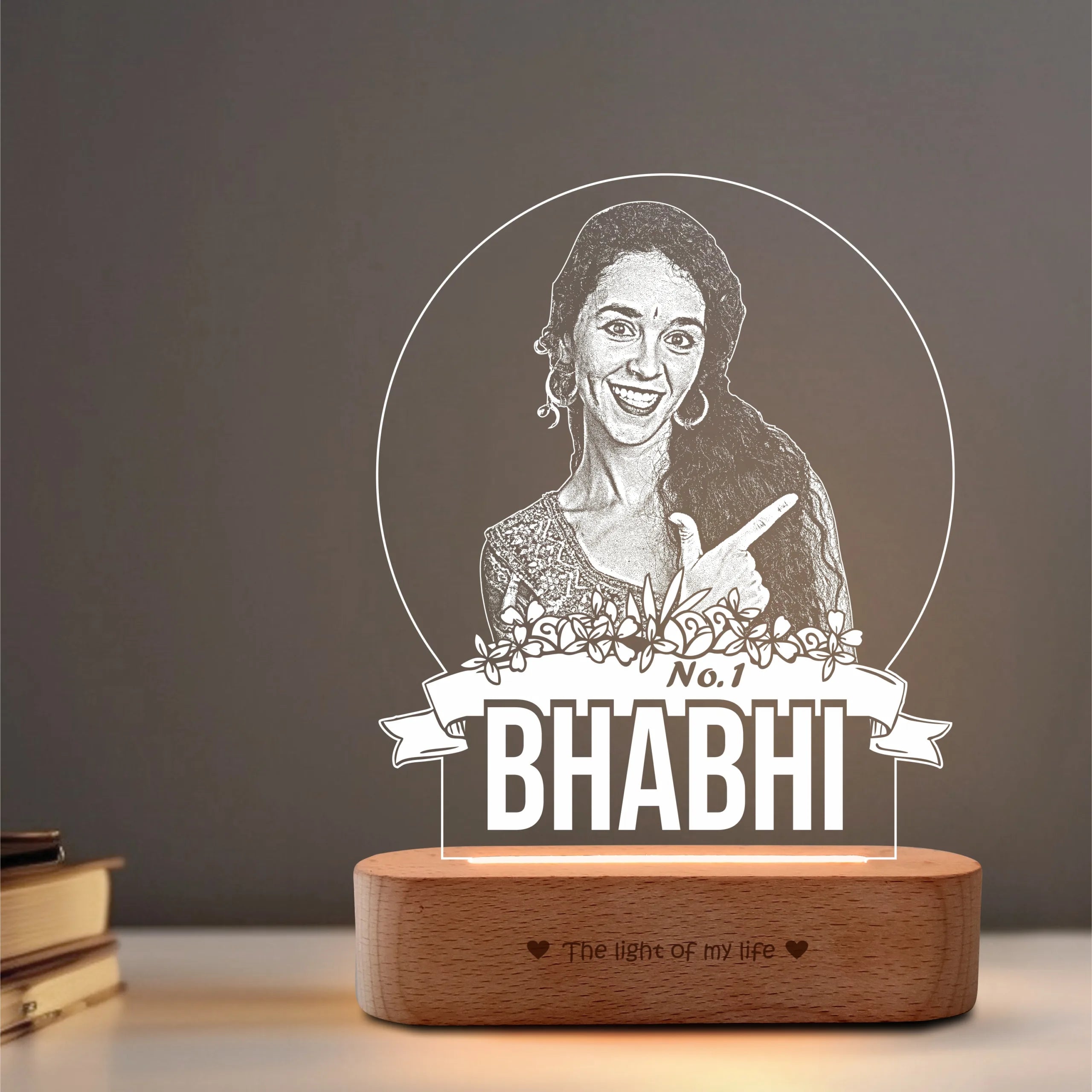 No.1 Bhabhi – Personalized Gift for Bhabhi India | Custom Photo Engraved Acrylic Lamp with Wooden Base (9x6")
