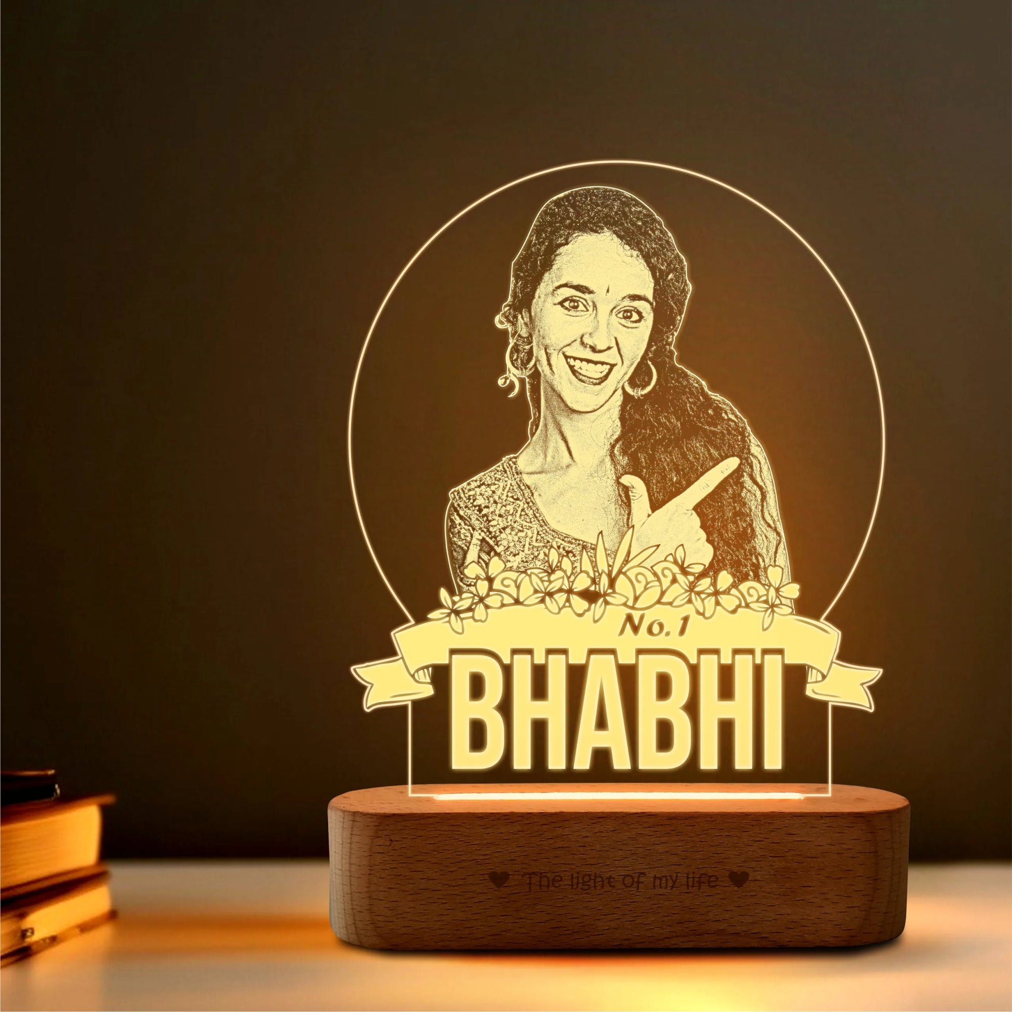 No.1 Bhabhi – Personalized Gift for Bhabhi India | Custom Photo Engraved Acrylic Lamp with Wooden Base (9x6")