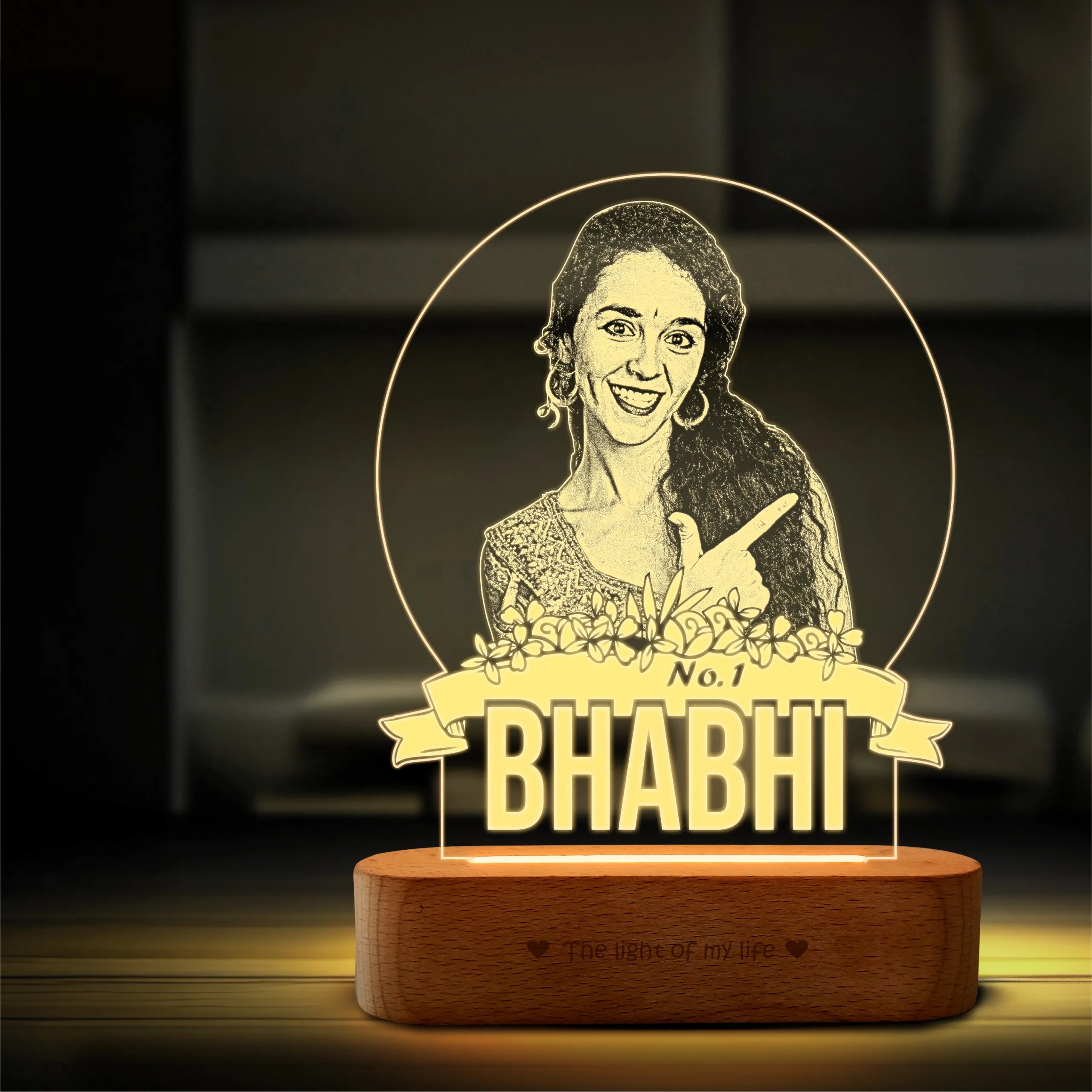 No.1 Bhabhi – Personalized Gift for Bhabhi India | Custom Photo Engraved Acrylic Lamp with Wooden Base (9x6")