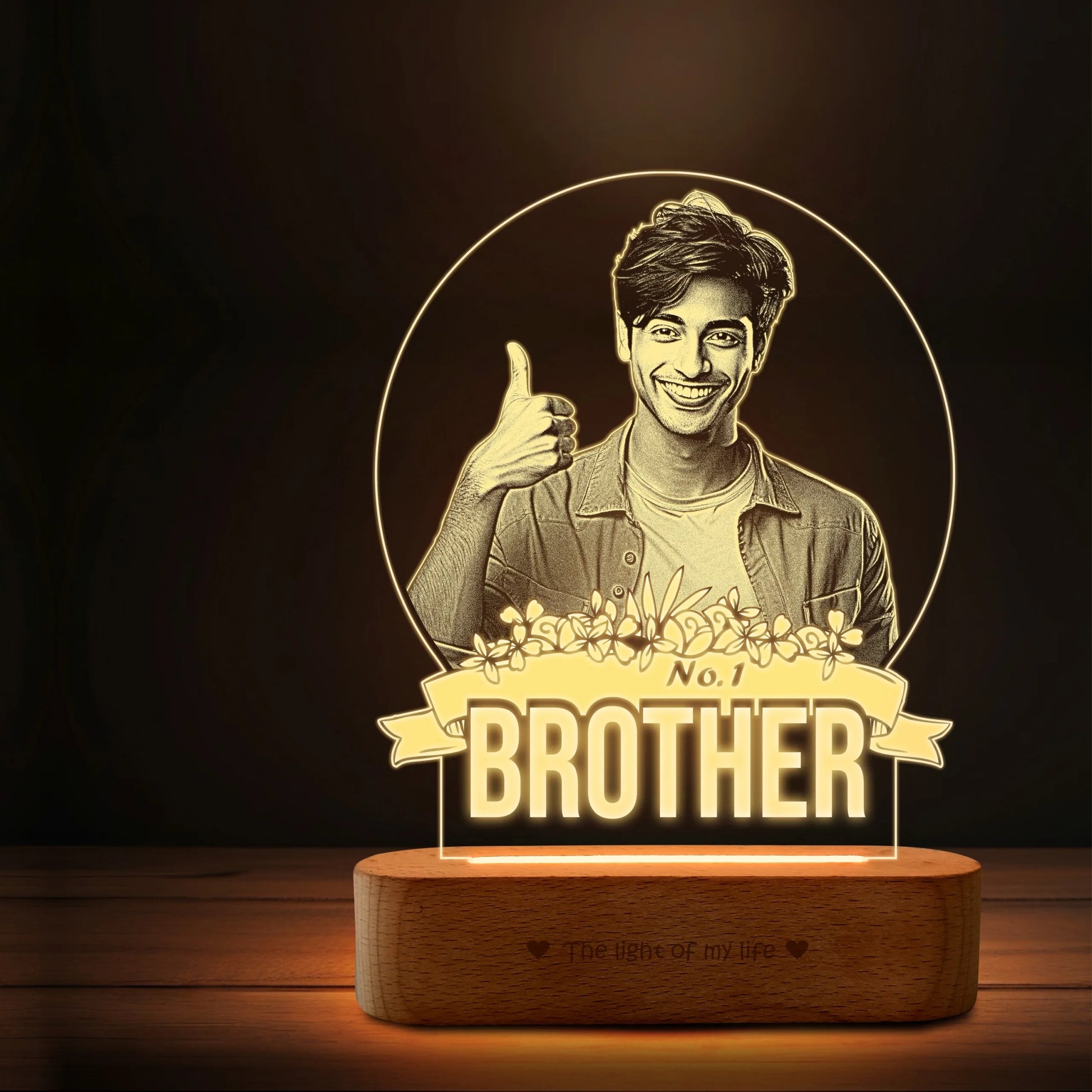 No.1 Brother – Photo Gift for Brother India | Custom Engraved Acrylic Lamp with Wooden Base (9x6")