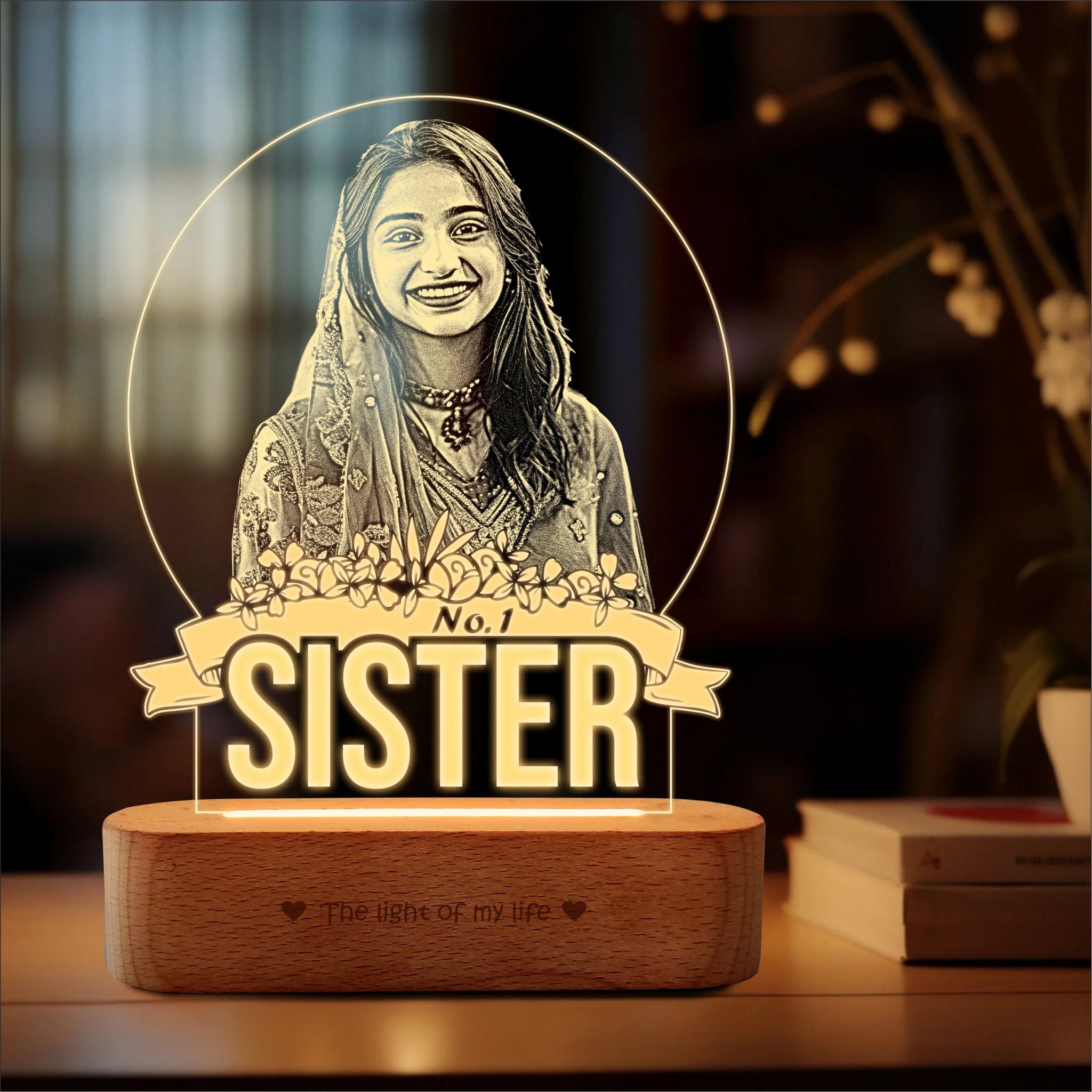 No.1 Sister – Photo Gift for Sister India | Personalized Engraved Acrylic Lamp with Wooden Base (9x6"")