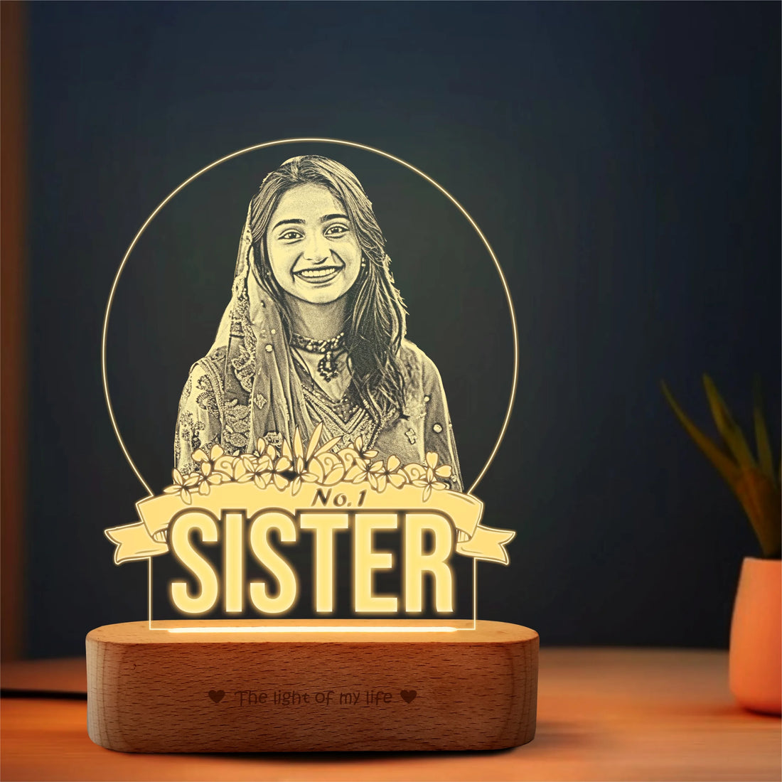 No.1 Sister – Photo Gift for Sister India | Personalized Engraved Acrylic Lamp with Wooden Base (9x6"")