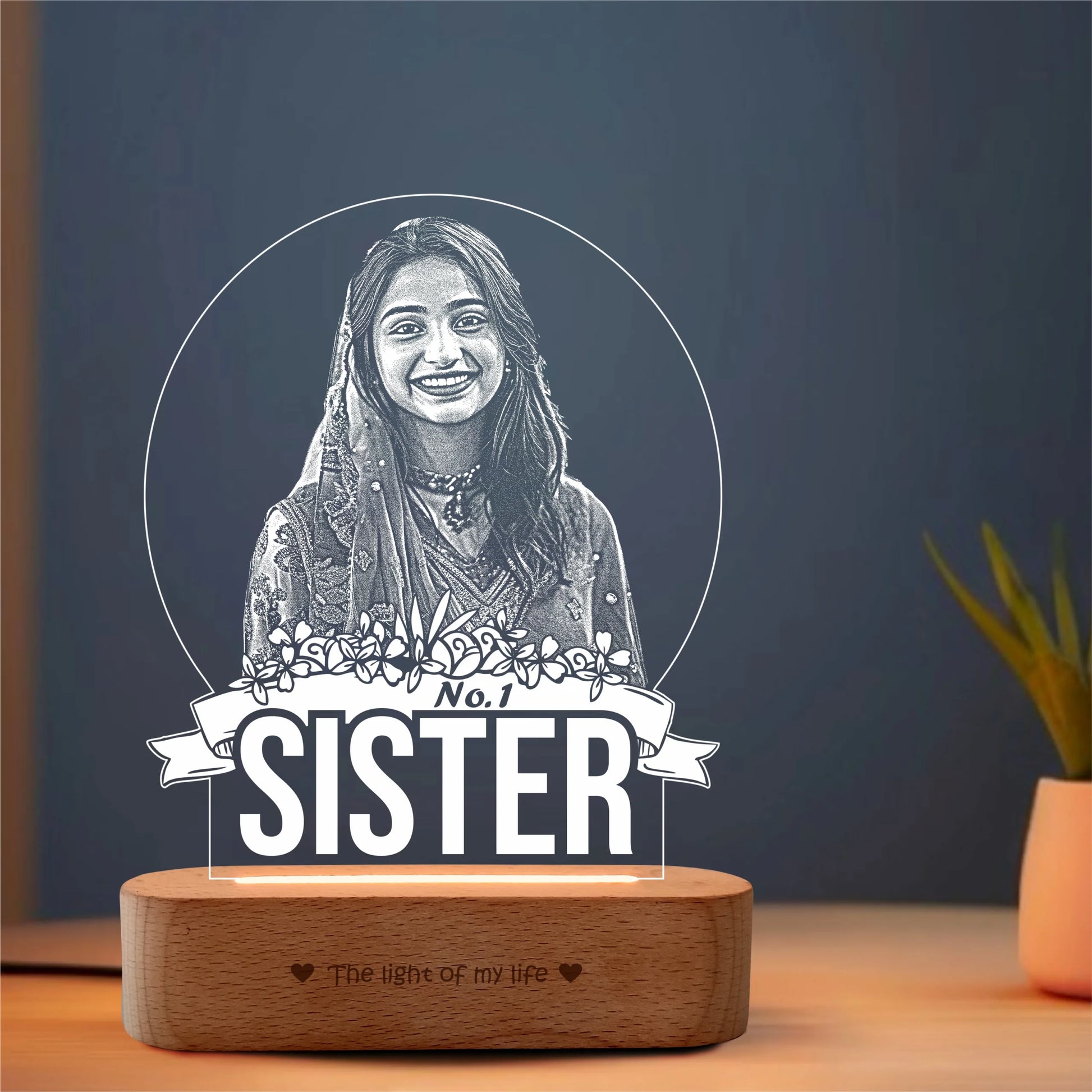 No.1 Sister – Photo Gift for Sister India | Personalized Engraved Acrylic Lamp with Wooden Base (9x6"")