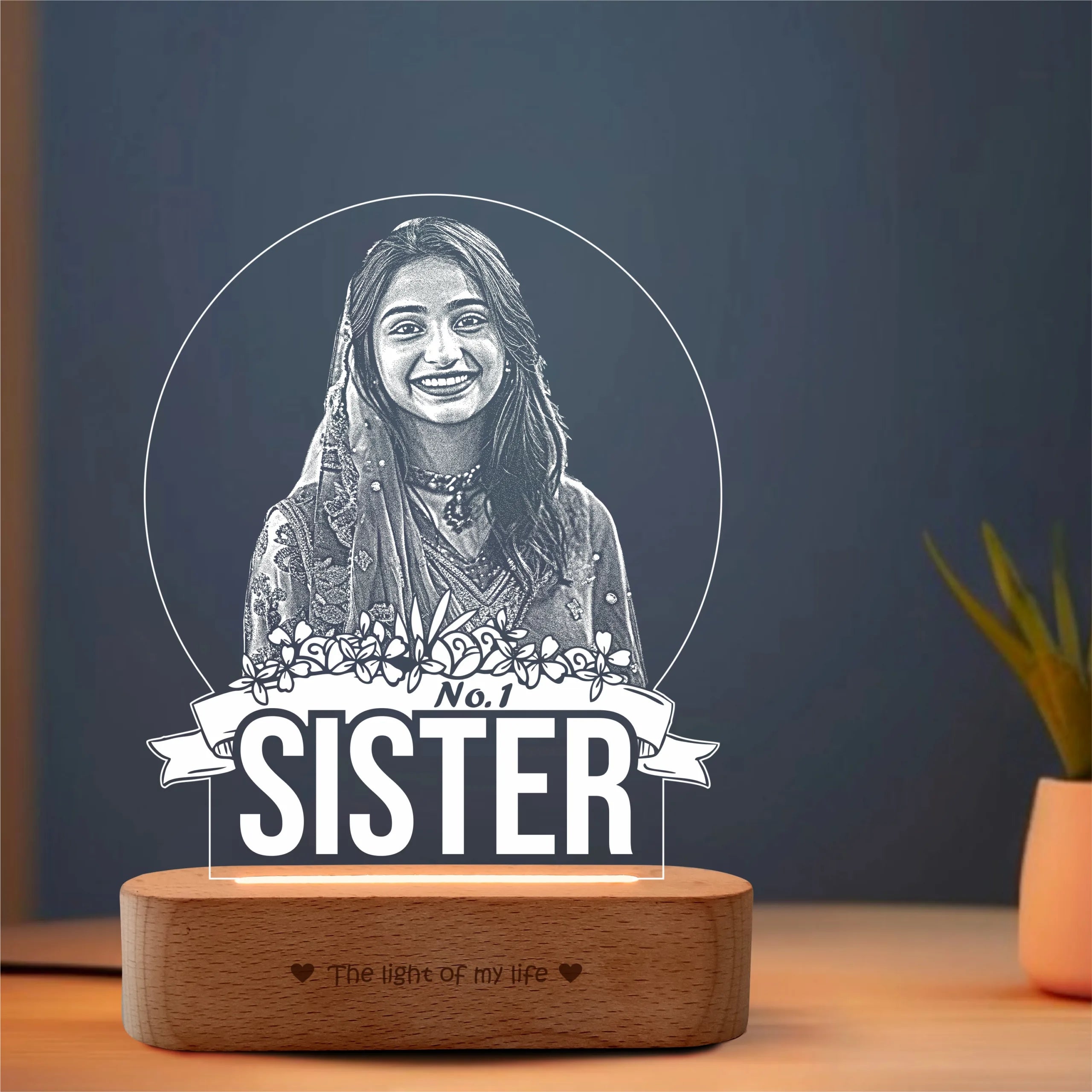 No.1 Sister – Photo Gift for Sister India | Personalized Engraved Acrylic Lamp with Wooden Base (9x6"")