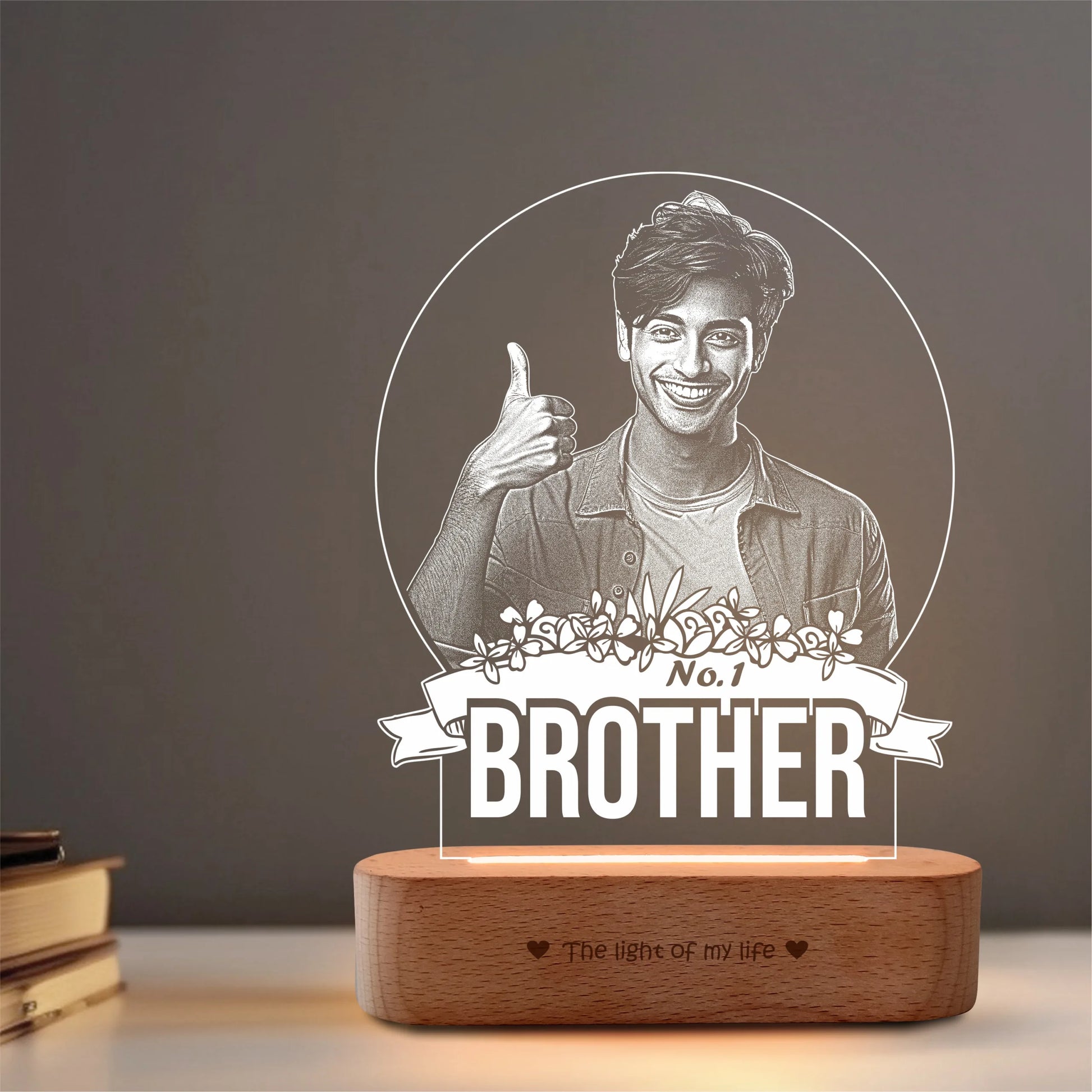 No.1 Brother – Photo Gift for Brother India | Custom Engraved Acrylic Lamp with Wooden Base (9x6")