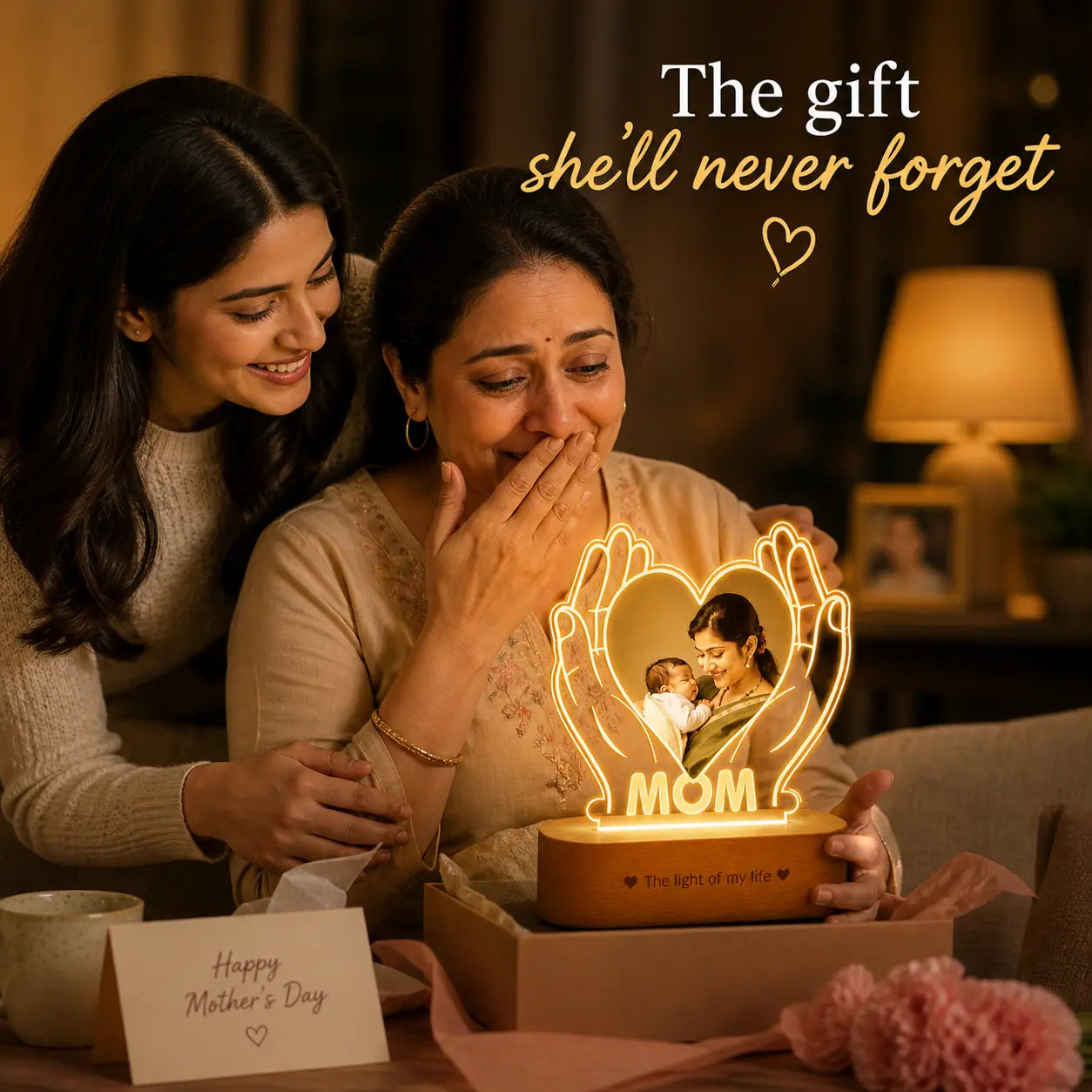Personalized Gift for Working Mom – Custom Photo Engraved LED Lamp with Heart & Hands Design