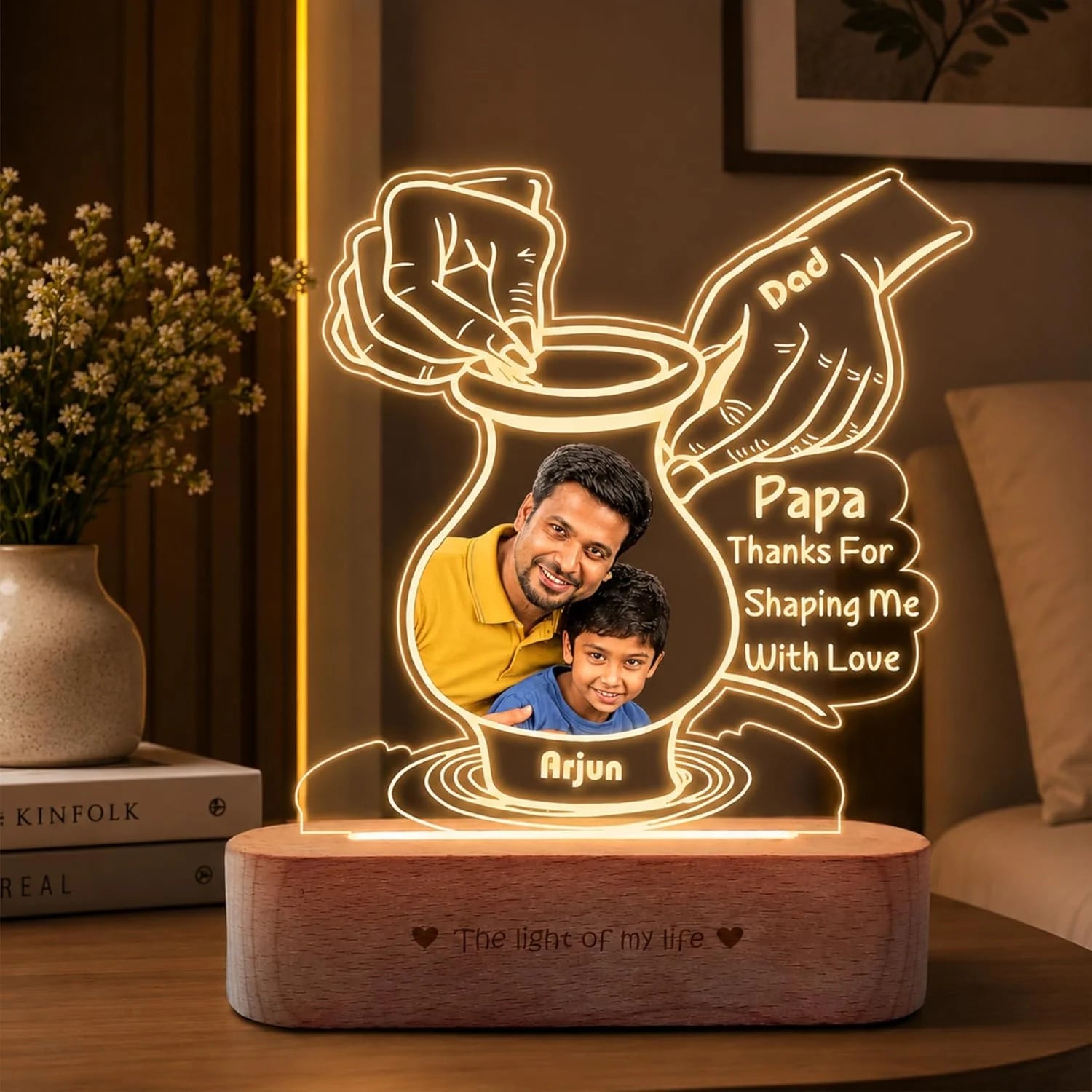 Creative Father’s Day Gift – Personalized Pottery-Themed Lamp with Dad & Kid Photo | Custom Name LED Light with Wooden Base