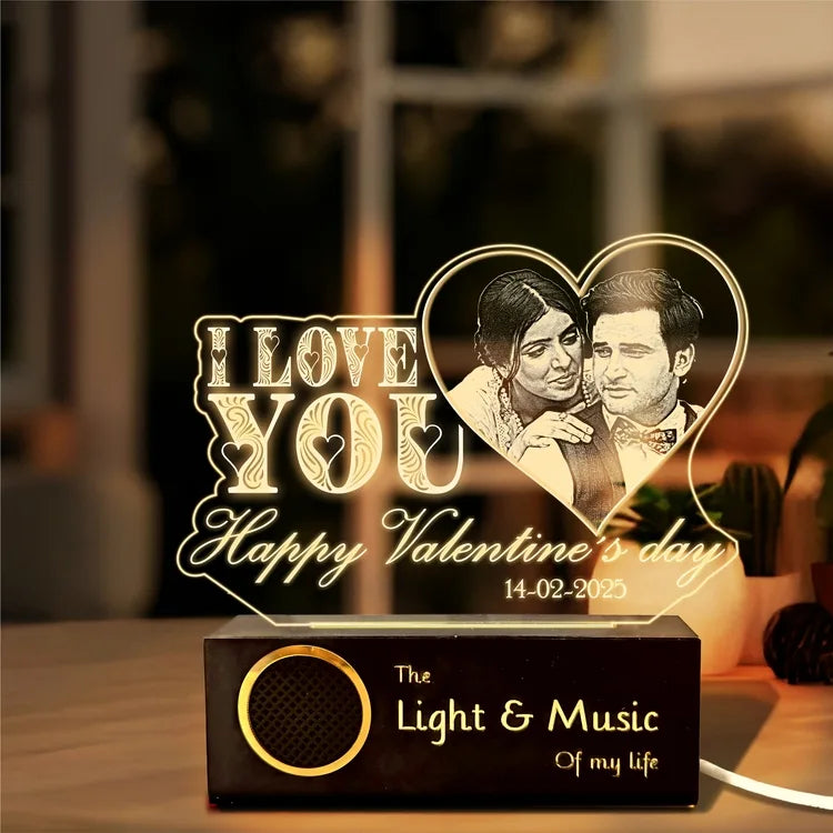 IllumiLove Personalized Acrylic LED Lamp – Custom Photo & Message Engraved Heart Design with Wooden Base, Perfect Valentine’s Day Gift