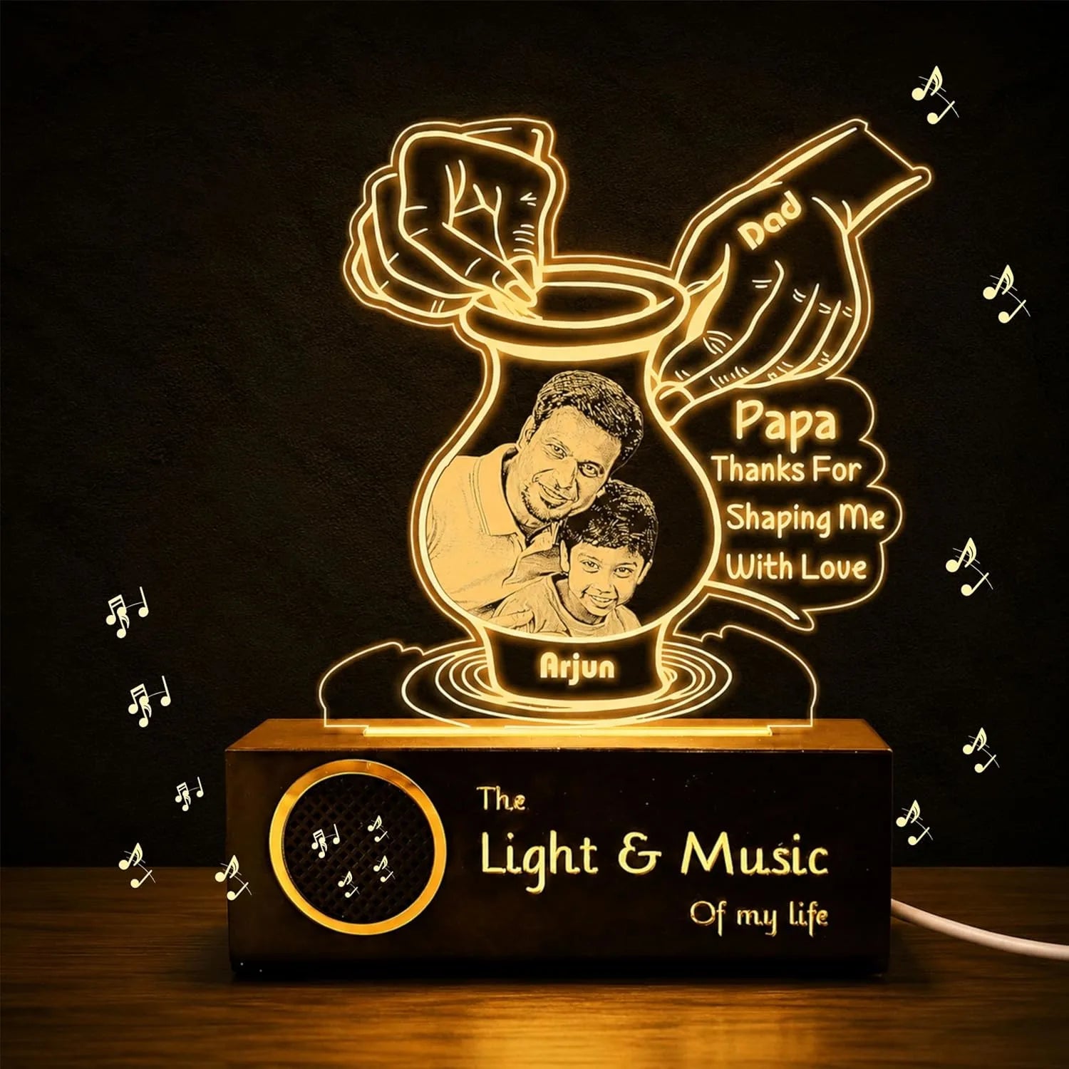 Creative Father’s Day Gift – Personalized Pottery-Themed Lamp with Dad & Kid Photo | Custom Name LED Light with Wooden Base