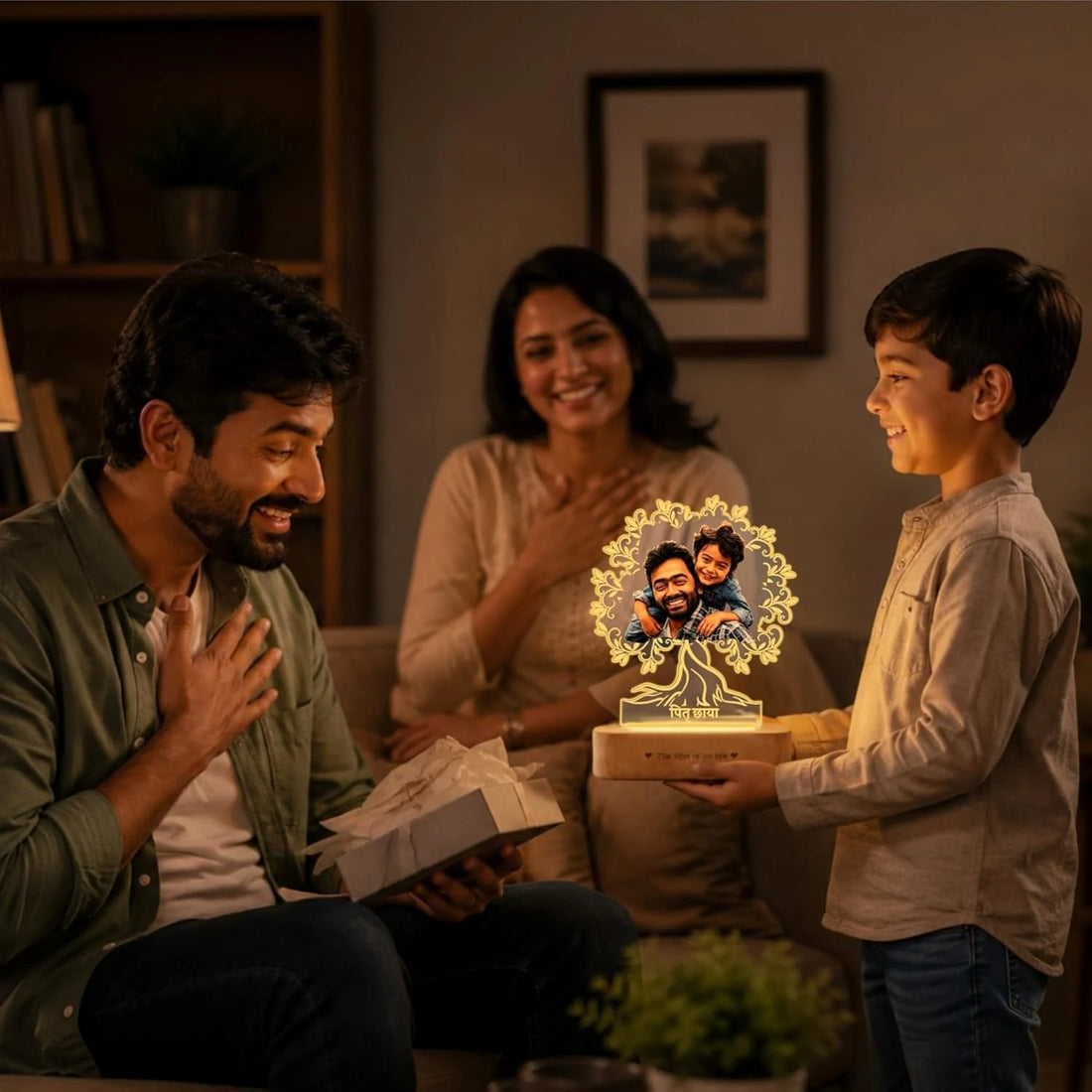 Pitruchaya Tree Lamp – A Sentimental Gift for Dad | Personalized Dad & Kid Photo Engraved Acrylic & Wood Lamp