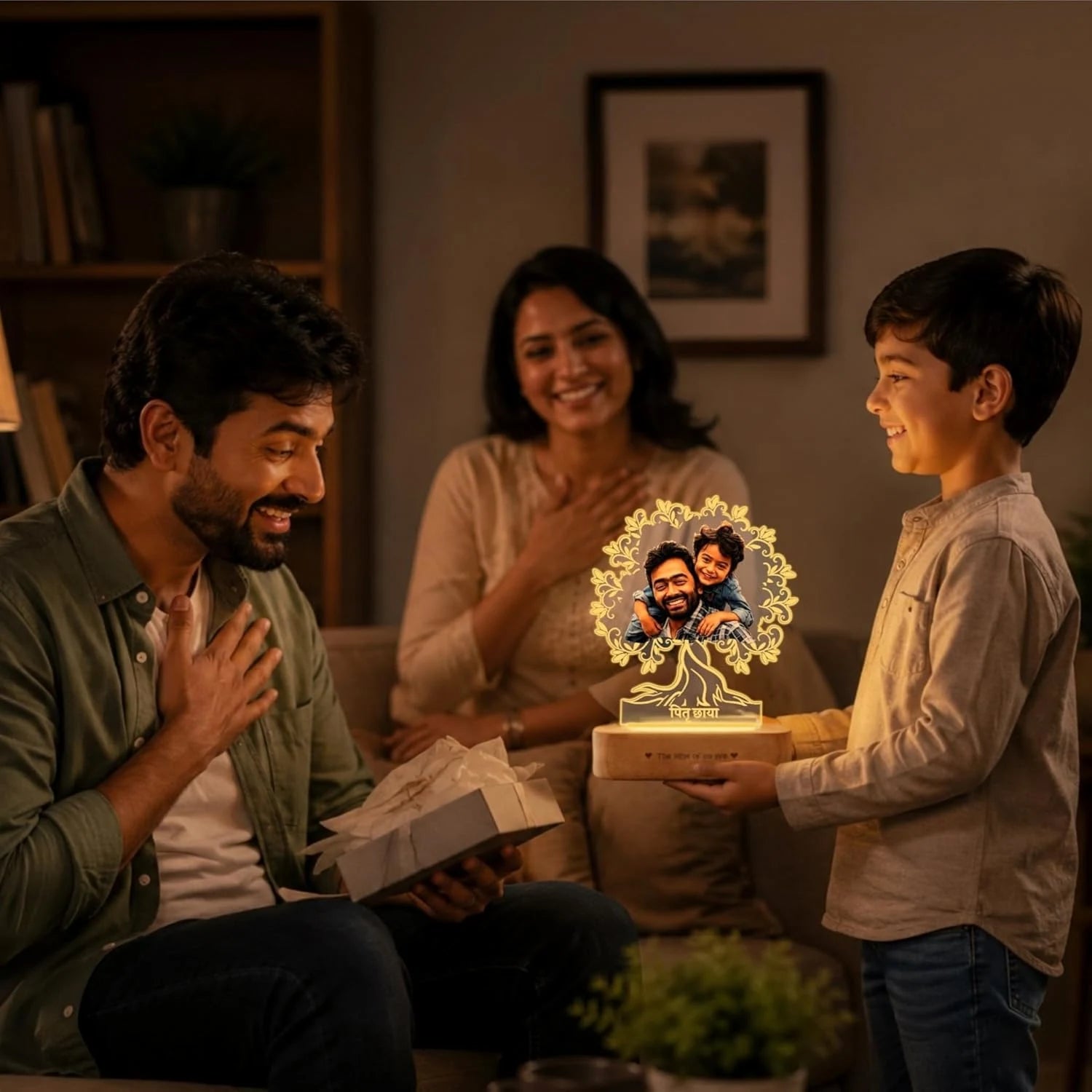 Pitruchaya Tree Lamp – A Sentimental Gift for Dad | Personalized Dad & Kid Photo Engraved Acrylic & Wood Lamp