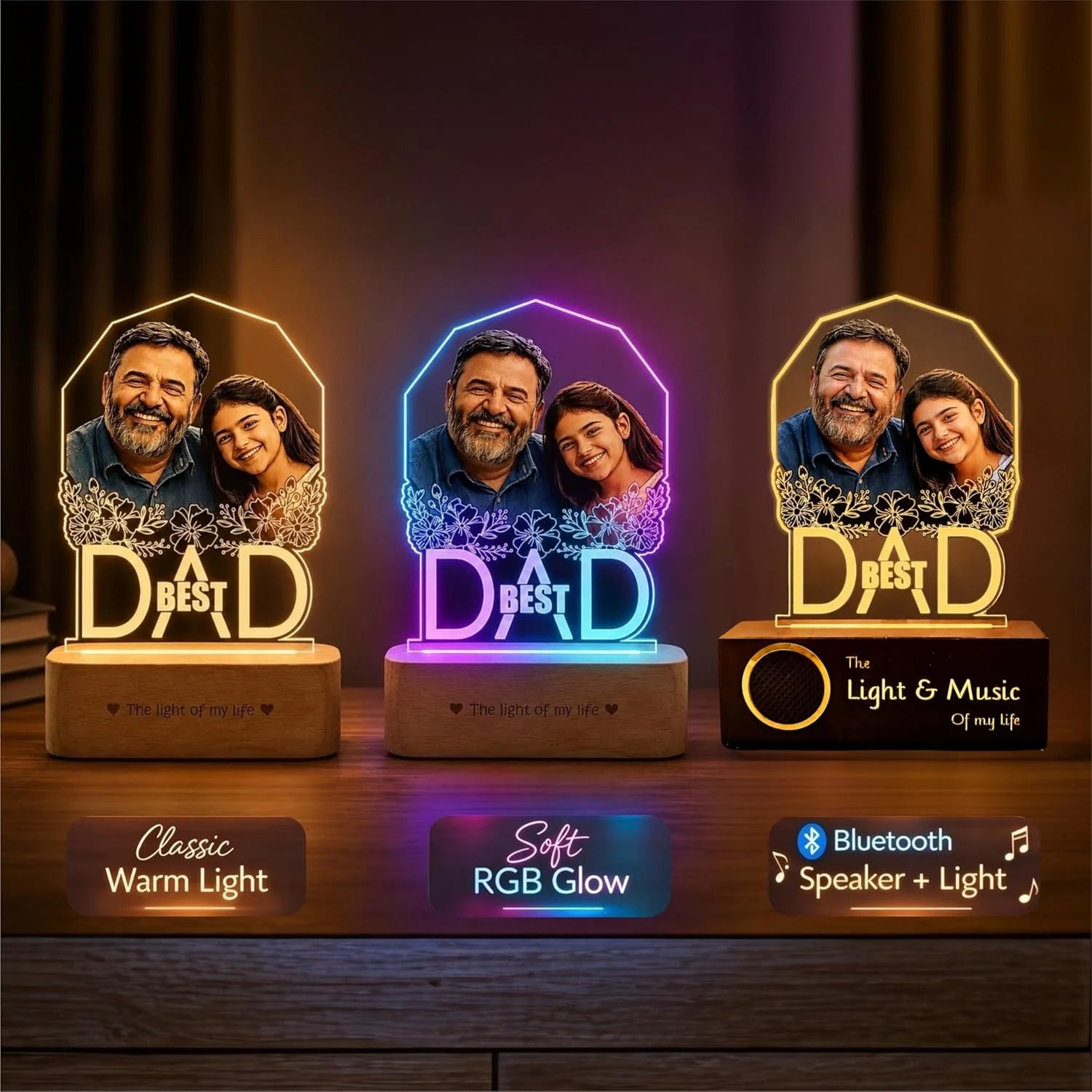 Best Father’s Day Gift – Custom Engraved Acrylic Lamp with Photo & "Best Dad" Quote | Warm Wooden Base