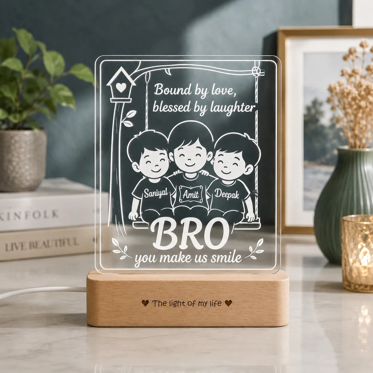Our Brother – Personalized Rakhi Lamp for One Brother and Two Sisters | Custom Acrylic LED Gift with Names | Wooden Base | 8x6x2 inch