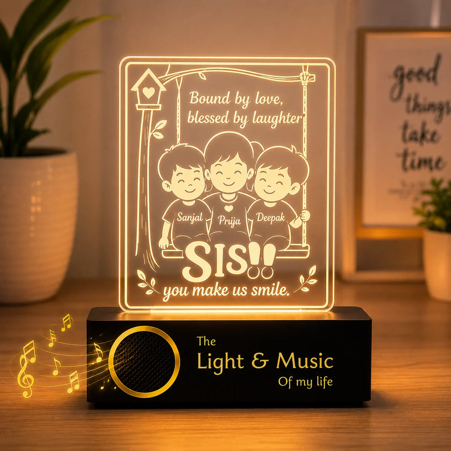 Our Sister – Personalized Rakhi Gift Lamp from Two Brothers | Custom Acrylic LED Lamp with Names | Wooden Base | 8x6x2 inch