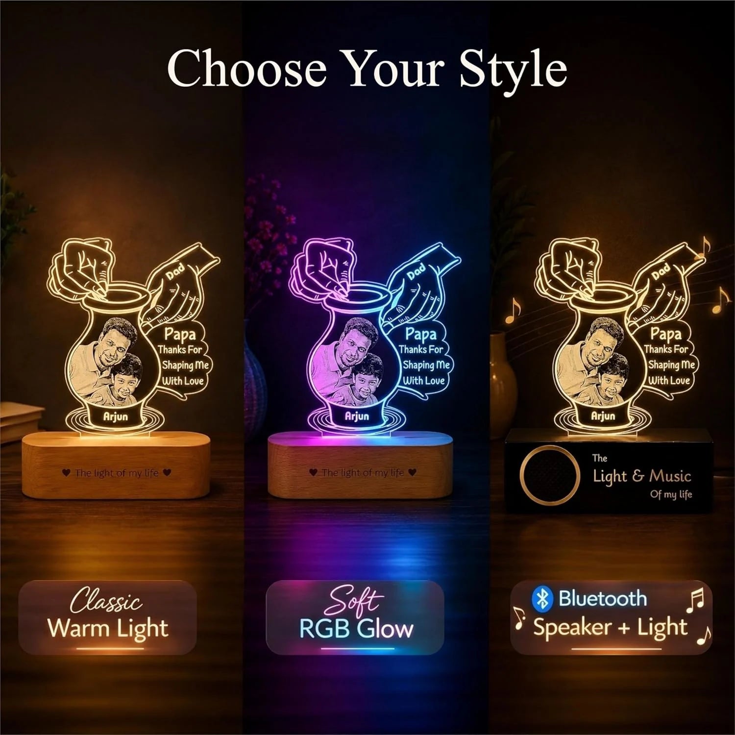 Creative Father’s Day Gift – Personalized Pottery-Themed Lamp with Dad & Kid Photo | Custom Name LED Light with Wooden Base