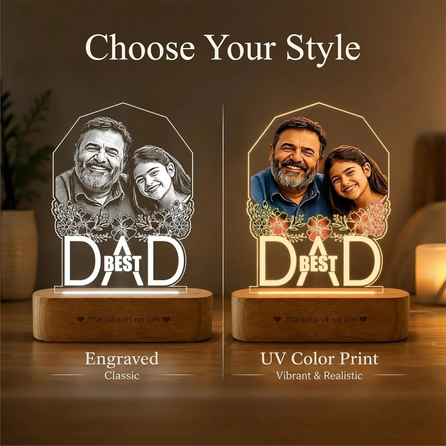 Best Father’s Day Gift – Custom Engraved Acrylic Lamp with Photo & "Best Dad" Quote | Warm Wooden Base