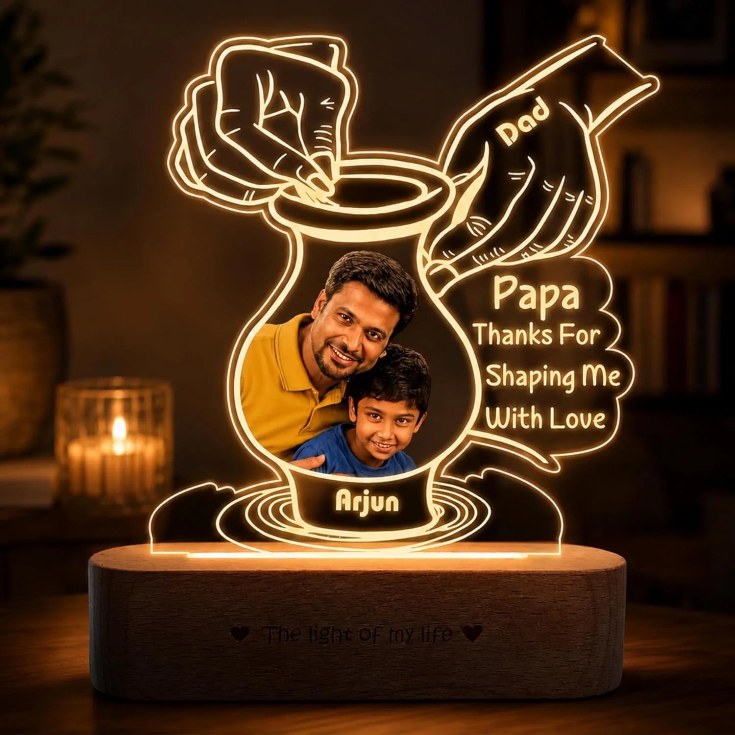 Creative Father’s Day Gift – Personalized Pottery-Themed Lamp with Dad & Kid Photo | Custom Name LED Light with Wooden Base