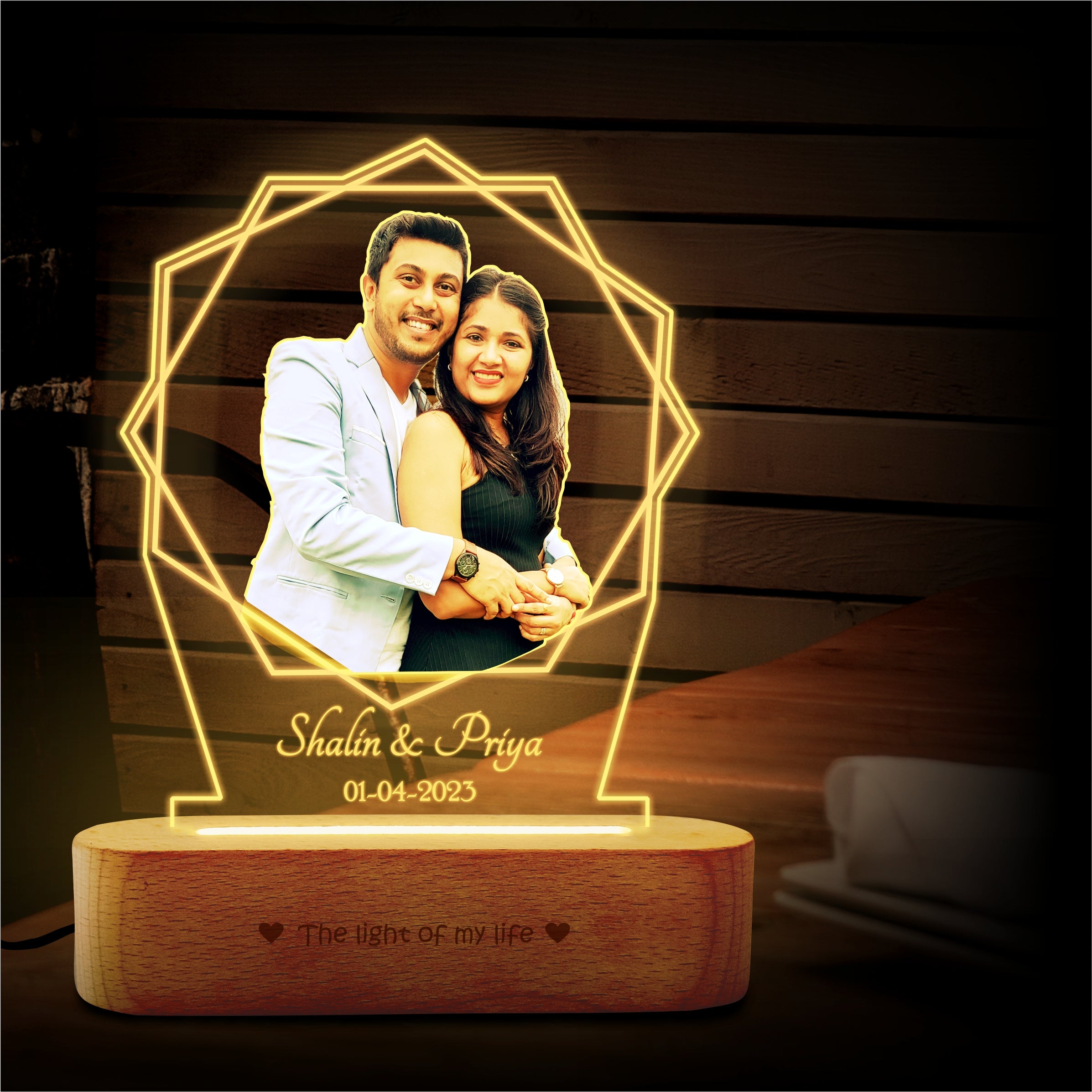 Curved Wooden Personalized Photo Frame with Lotus Light Engraved