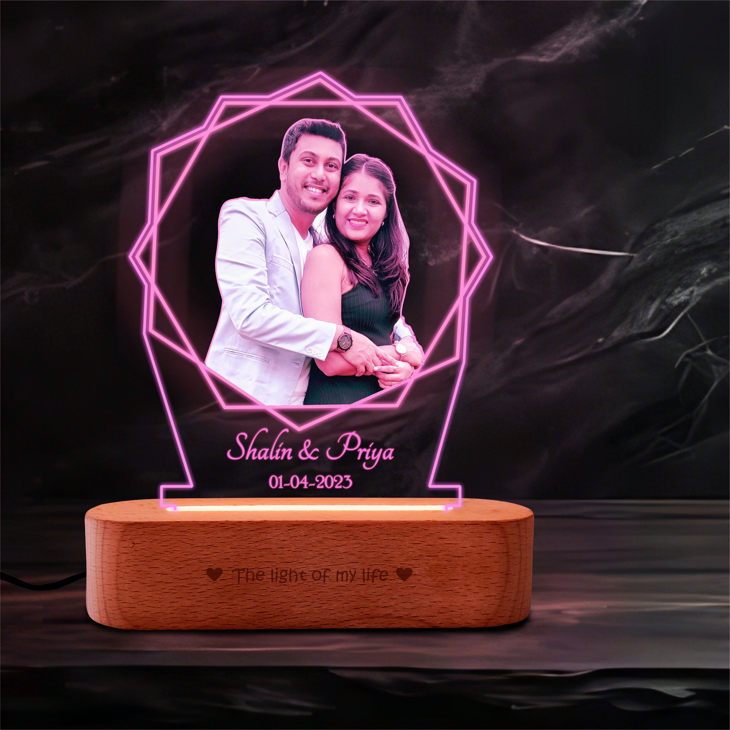 Curved Wooden Personalized Photo Frame with Lotus Light Engraved