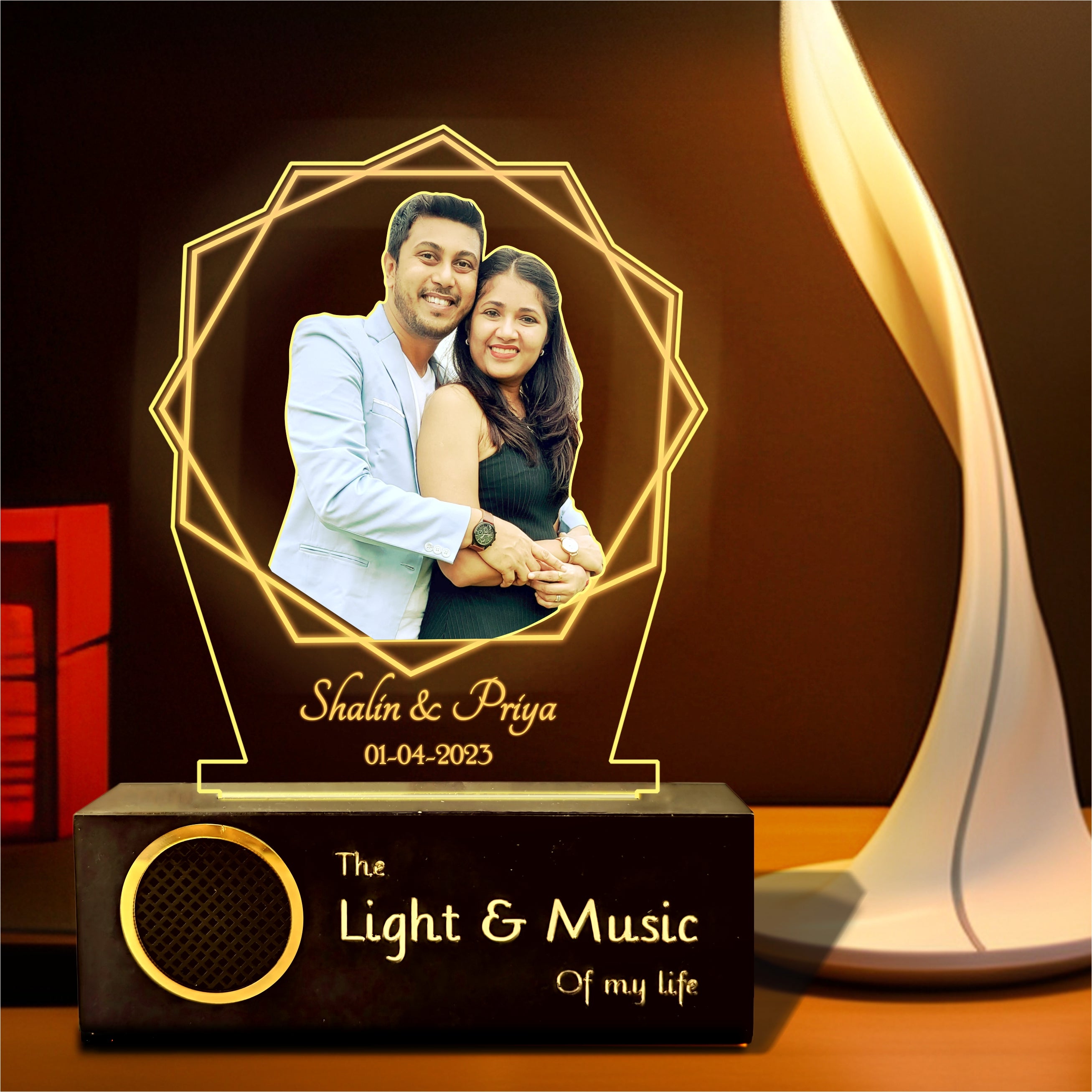 Curved Wooden Personalized Photo Frame with Lotus Light Engraved