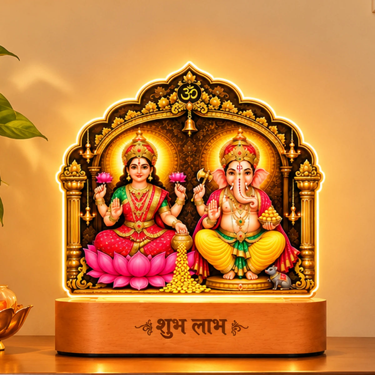 Diwali Gift Lakshmi Ganesh LED Lamp | 5 mm Acrylic Pooja Room Frame with Wooden Base