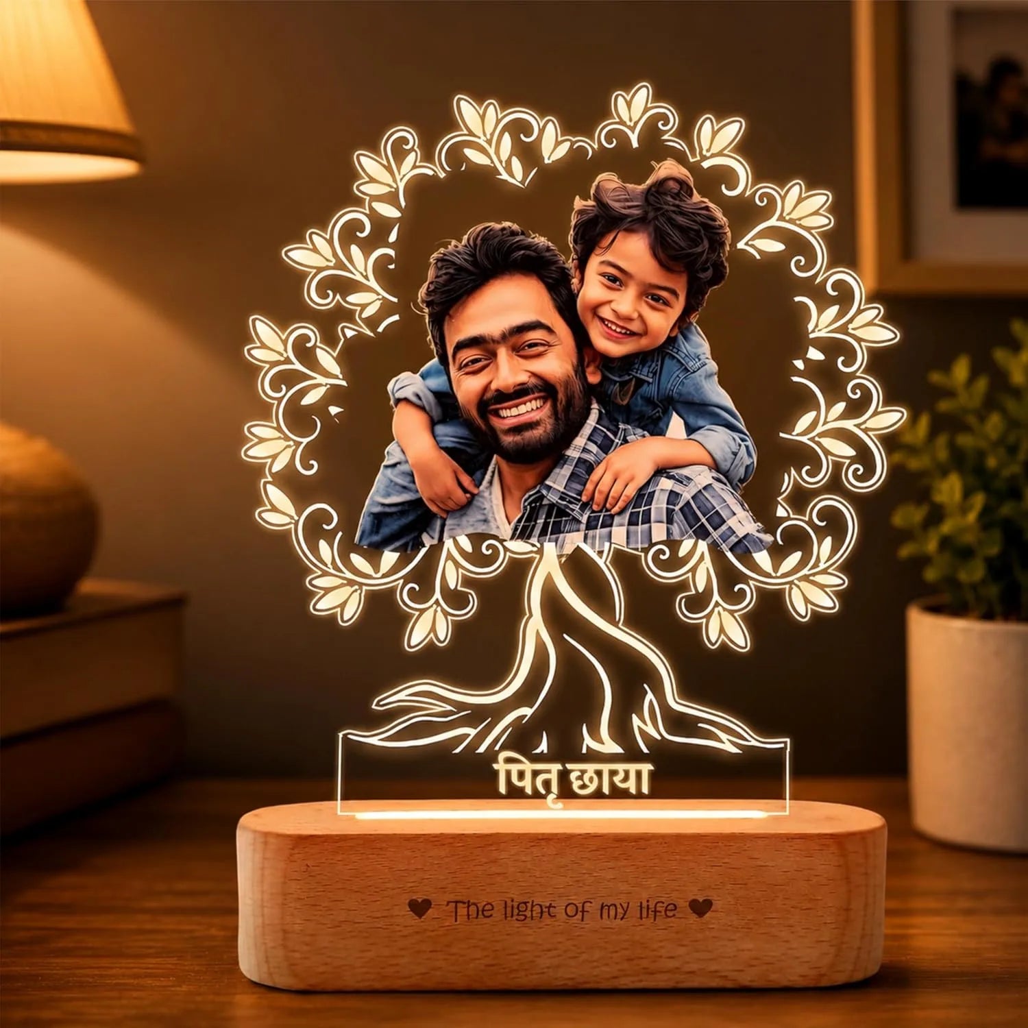 Pitruchaya Tree Lamp – A Sentimental Gift for Dad | Personalized Dad & Kid Photo Engraved Acrylic & Wood Lamp