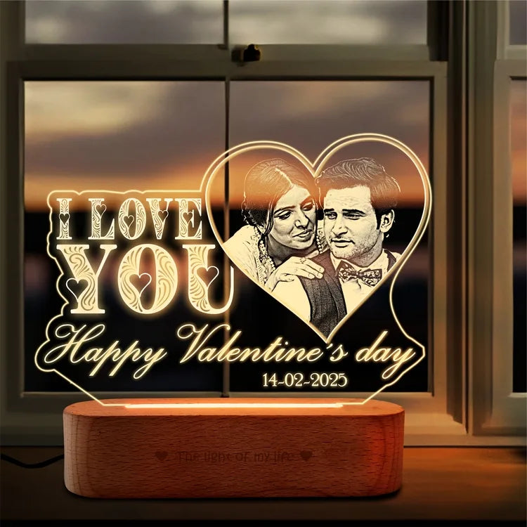 IllumiLove Personalized Acrylic LED Lamp – Custom Photo & Message Engraved Heart Design with Wooden Base, Perfect Valentine’s Day Gift