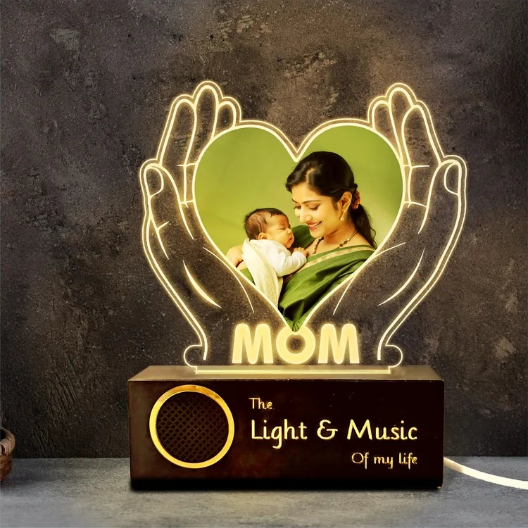 Personalized Gift for Working Mom – Custom Photo Engraved LED Lamp with Heart & Hands Design