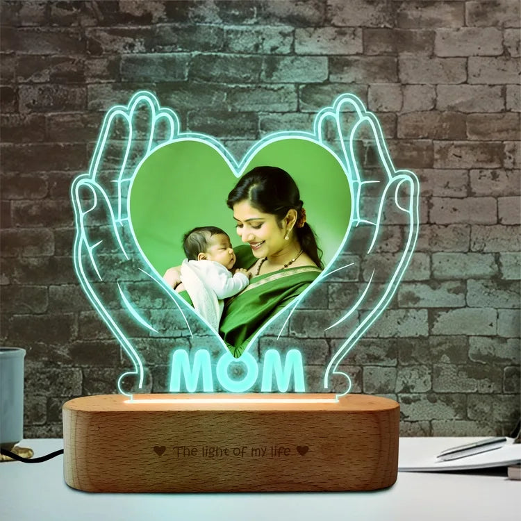 Personalized Gift for Working Mom – Custom Photo Engraved LED Lamp with Heart & Hands Design