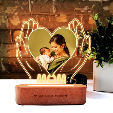 Personalized Gift for Working Mom – Custom Photo Engraved LED Lamp with Heart & Hands Design
