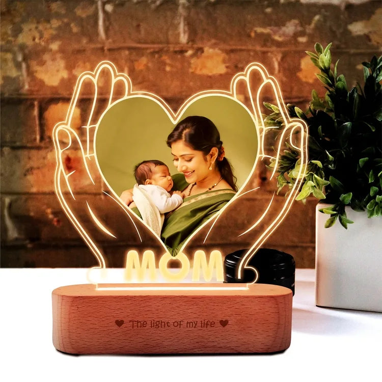Personalized Gift for Working Mom – Custom Photo Engraved LED Lamp with Heart & Hands Design