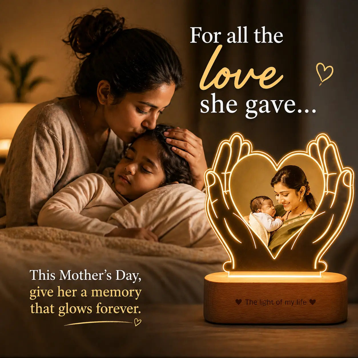 Personalized Gift for Working Mom – Custom Photo Engraved LED Lamp with Heart & Hands Design
