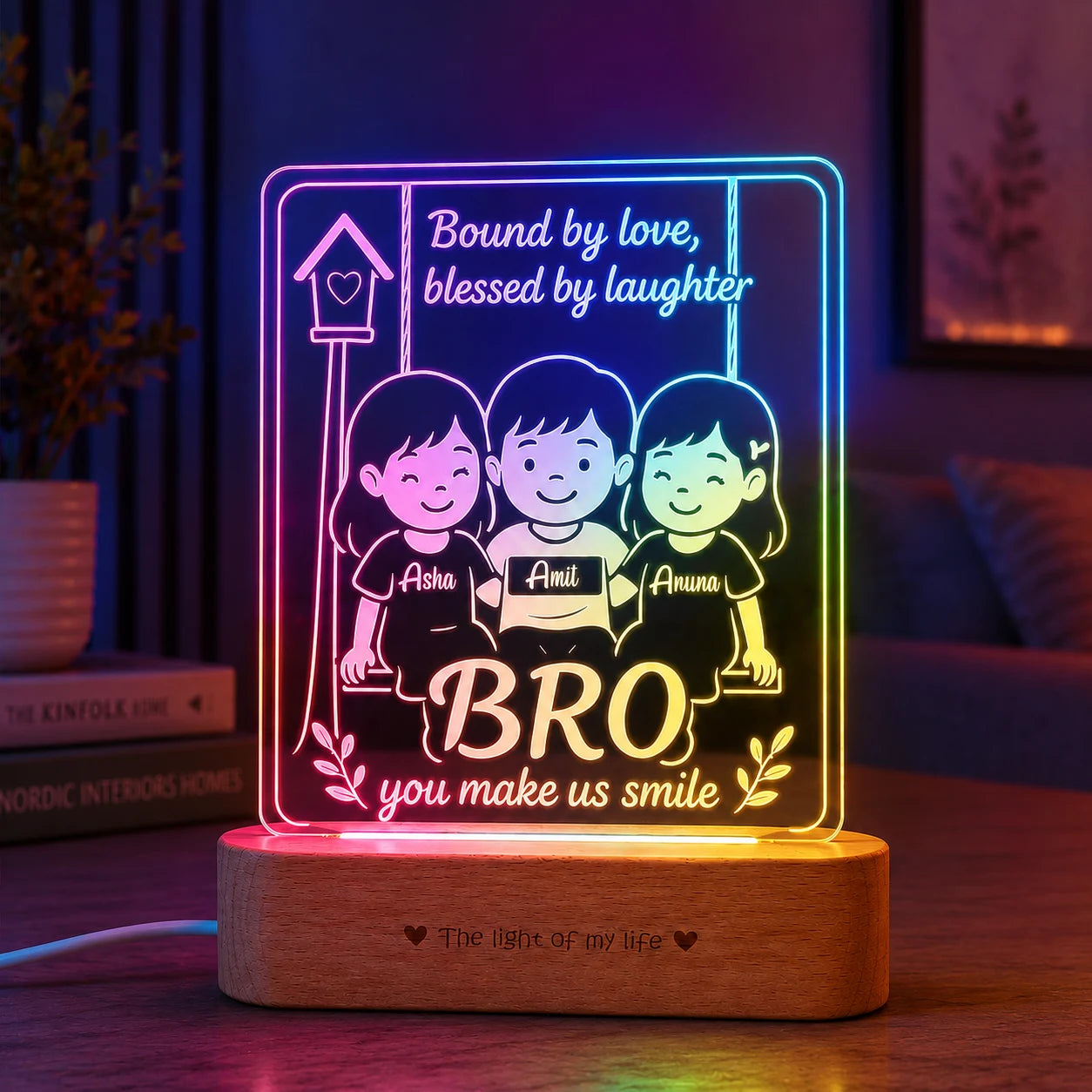 Our Brother – Personalized Rakhi Lamp for One Brother and Two Sisters | Custom Acrylic LED Gift with Names | Wooden Base | 8x6x2 inch
