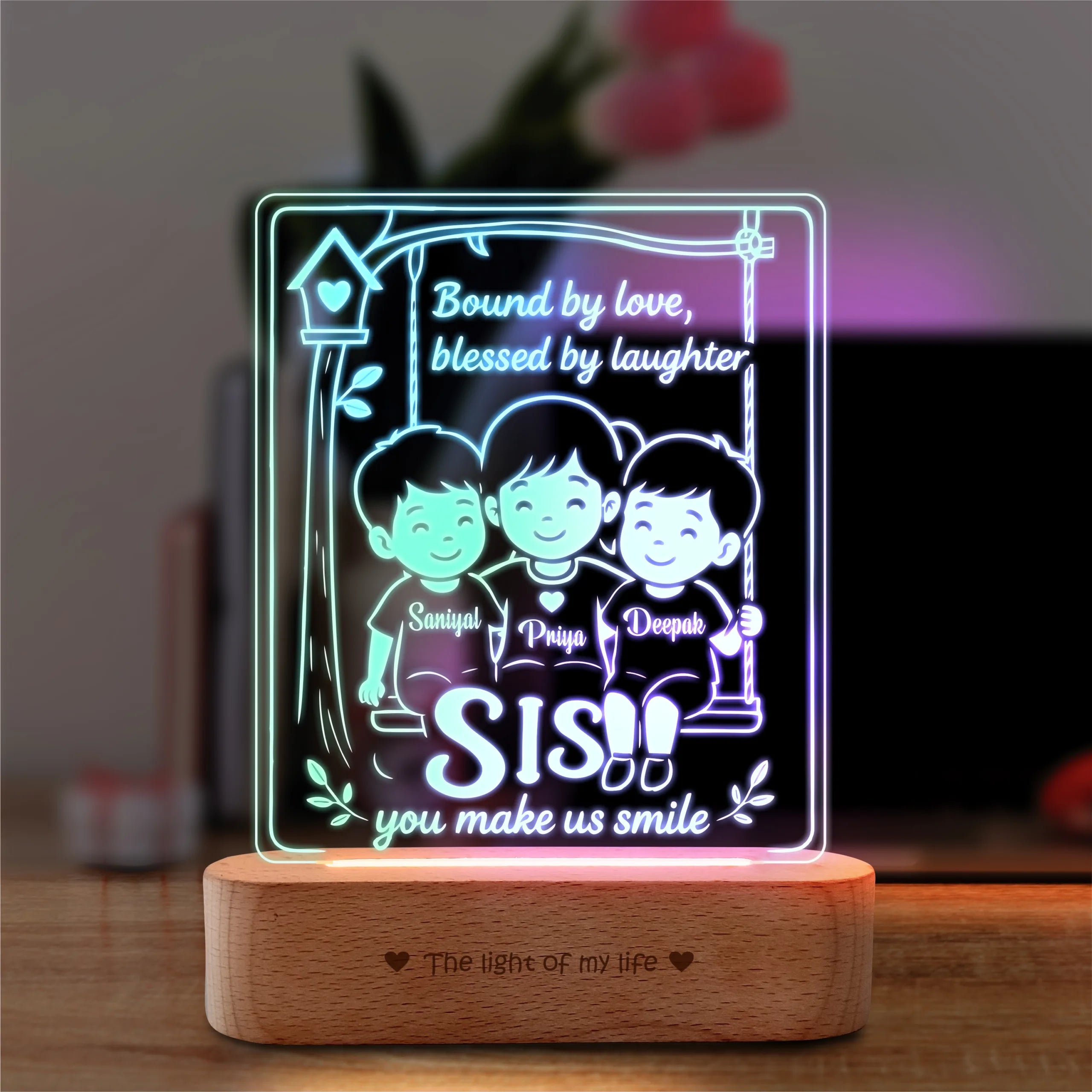 Our Sister – Personalized Rakhi Gift Lamp from Two Brothers | Custom Acrylic LED Lamp with Names | Wooden Base | 8x6x2 inch