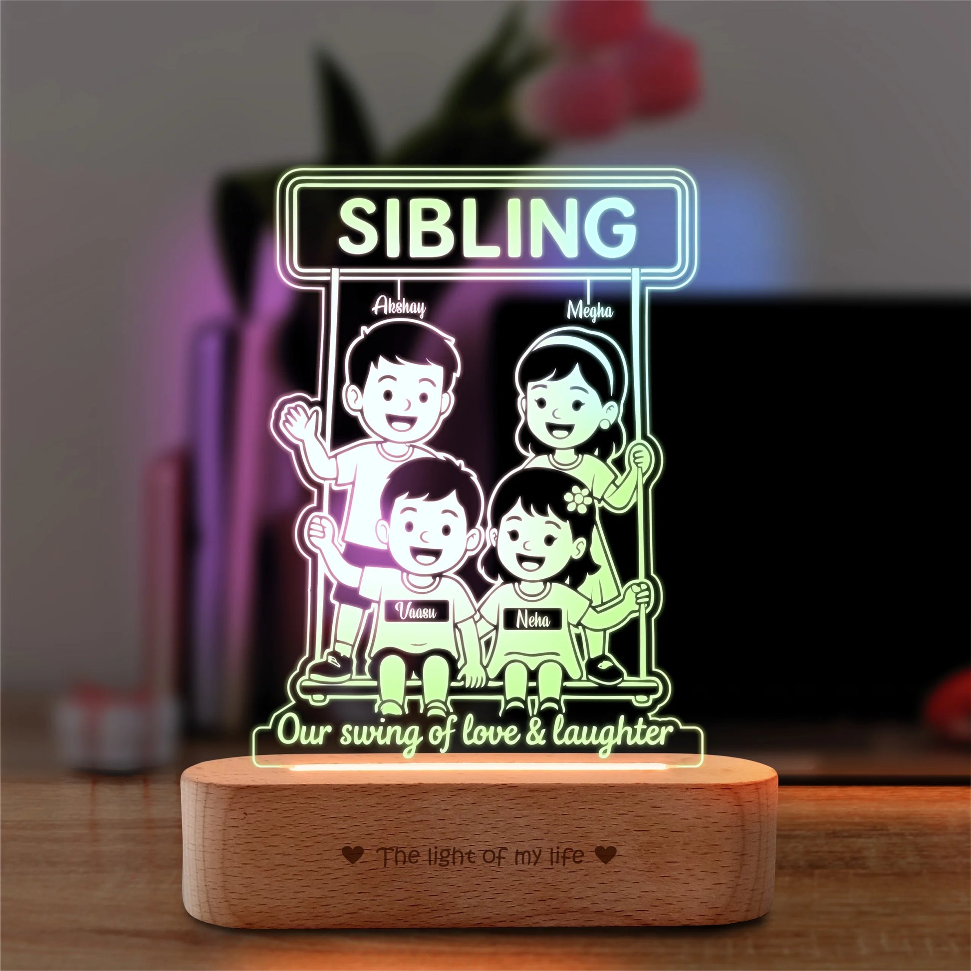 Our Swing of Love – Personalized Sibling Swing Lamp | Custom Acrylic LED Gift for 4 Siblings | Wooden Base | 8x6x2 inch
