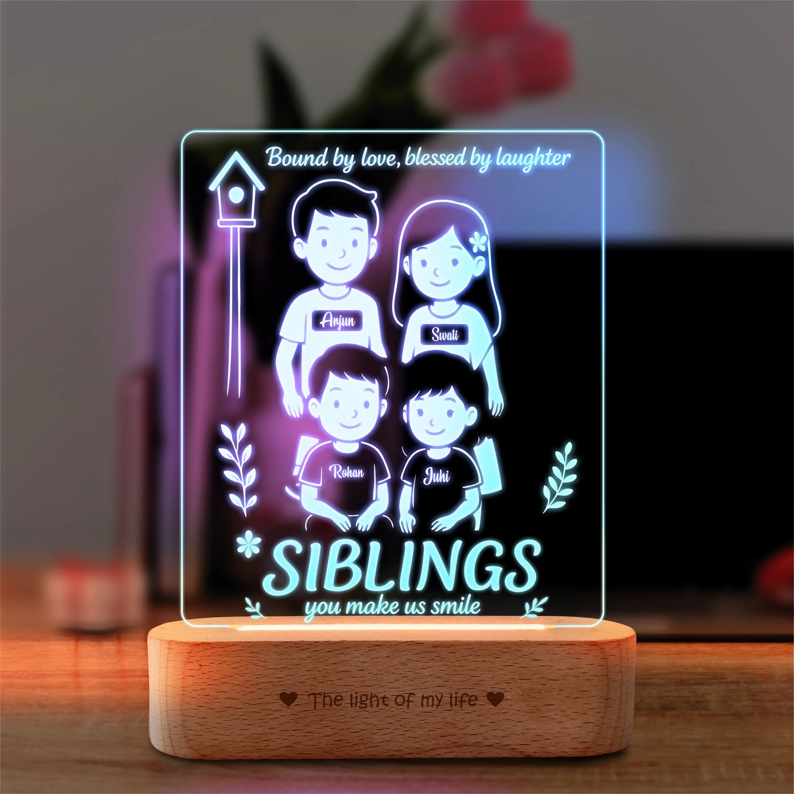The Fantastic Four – Personalized LED Lamp for 4 Siblings | Custom Acrylic Rakhi Gift with Names | Wooden Base | 8x6x2 inch